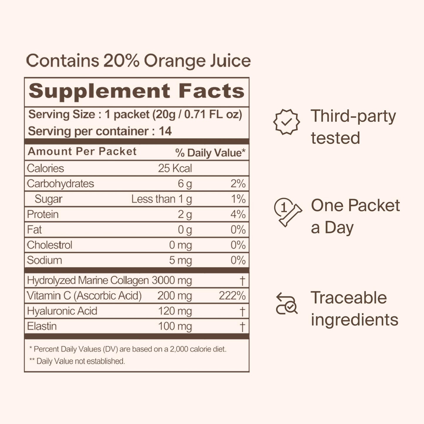 Ownist Triple Collagen Liquid Packets On-The-Go - Peptides with Hydrolyzed Marine Collagen, Elastin, Hyaluronic Acid and Vitamin for Healthy Skin - Orange Flavor - 14 Individual Stick Packs Ownist