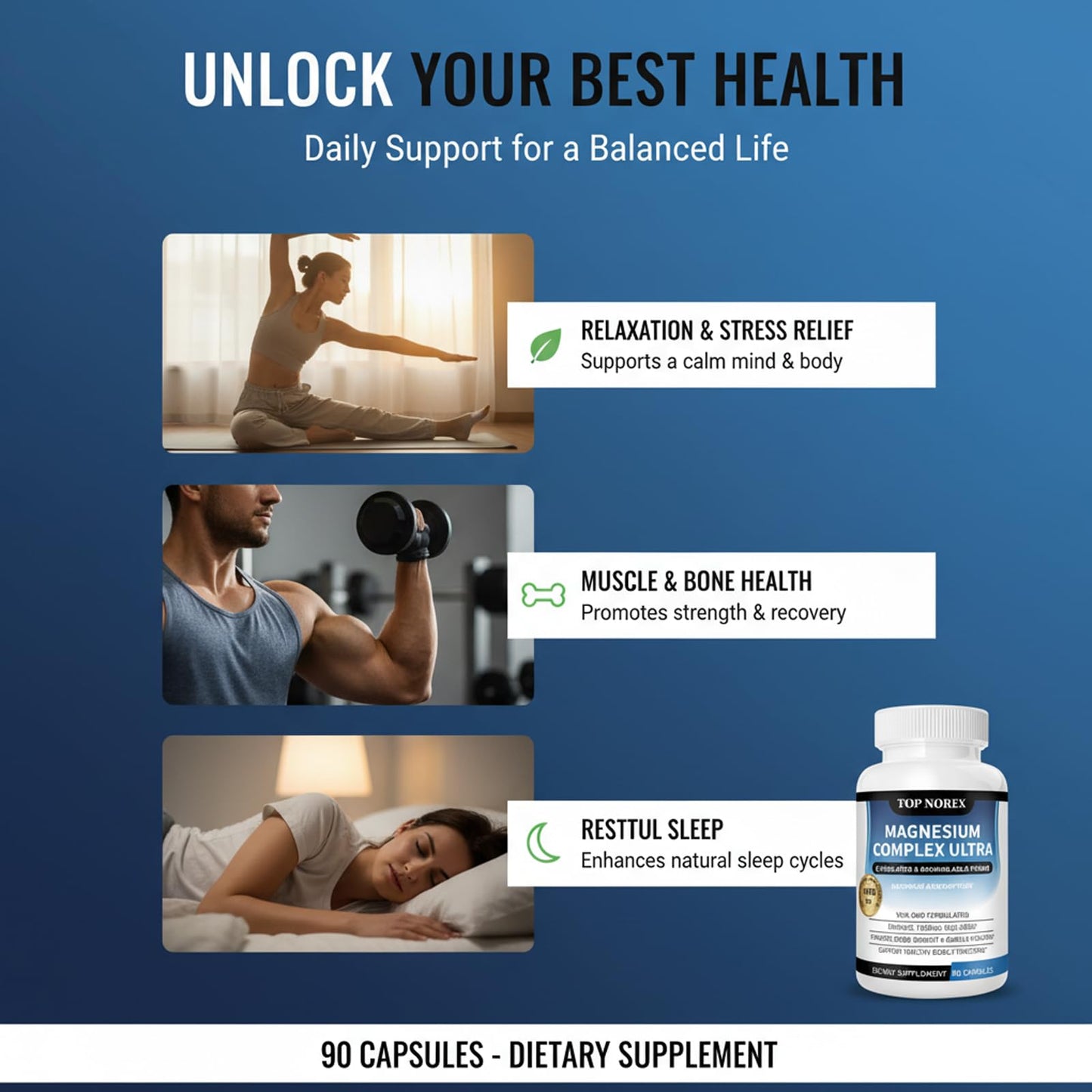 Top Norex Magnesium Complex Ultra - 8 Elemental 1000mg Magnesium Blend, Easy Absorption, 90 Capsules (1) Top Norex