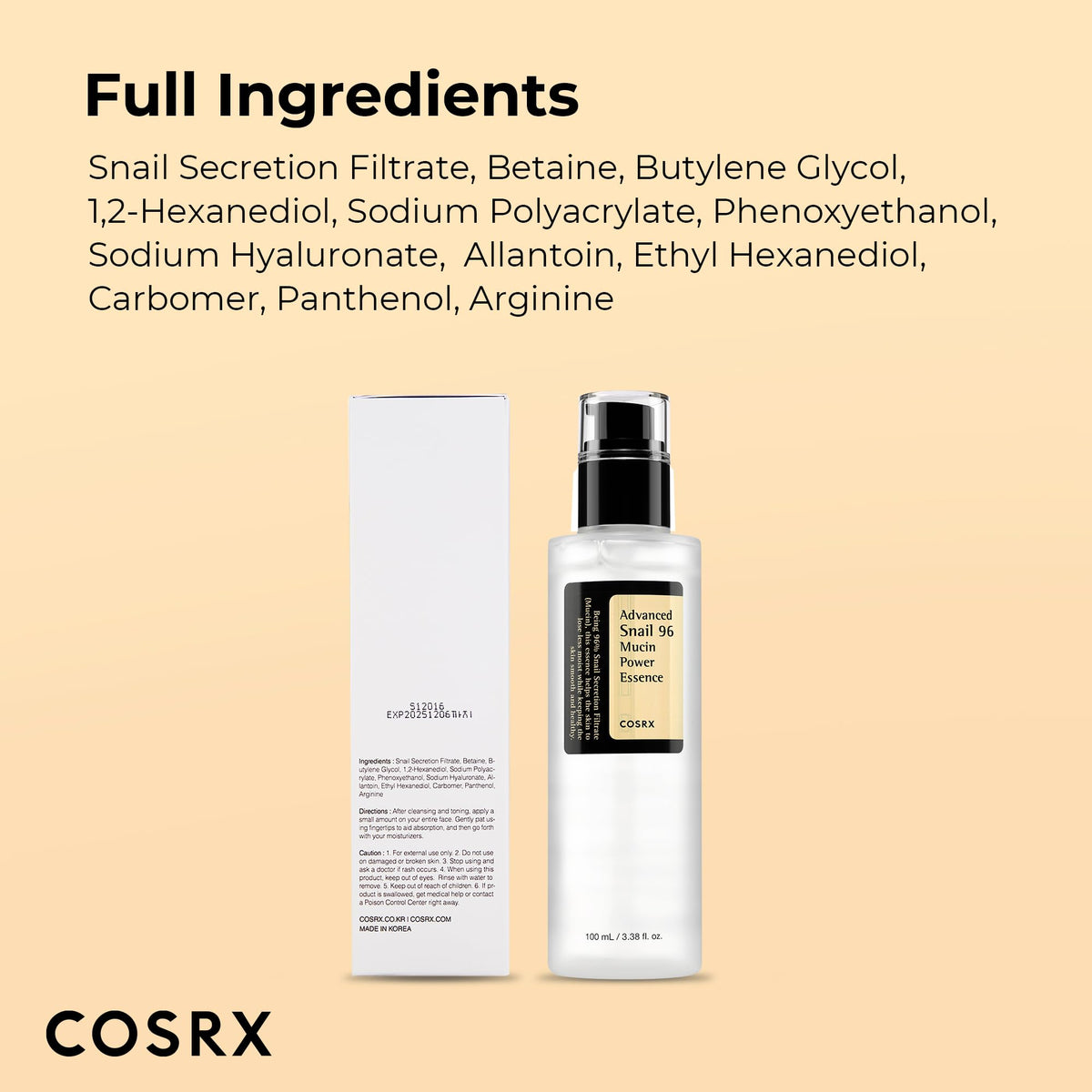 COSRX Snail Mucin 96% Repairing Serum for Sooothing & Hydrating 3.38 oz. COSRX