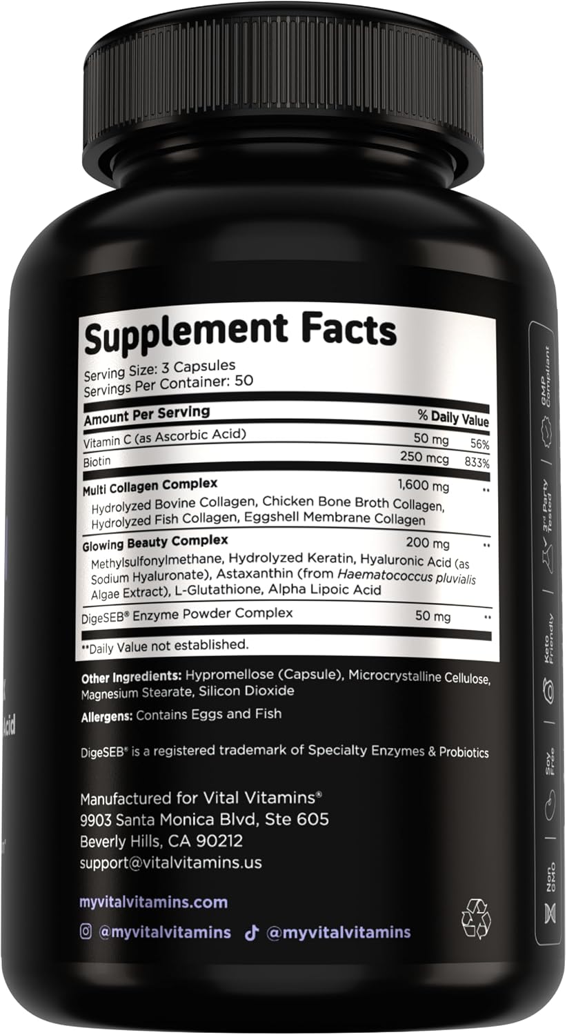 Vital Vitamins Multi Collagen Complex Plus Biotin, Hyaluronic Acid & VIT. C | Hair, Skin, & Nails Supplements for Women and Men, 5 Collagen Types I II III V & X, 150 Capsules Gsupps Australia
