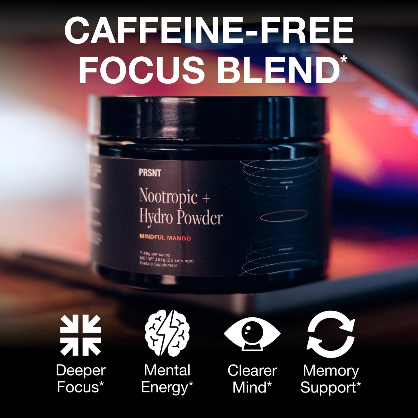 PRSNT Nootropic Focus Powder | Mango 25 Servings | Caffeine-Free, Sugar-Free | Supports Focus, Energy, Mental Clarity | Nootropic + Electrolytes Hydration Focus Drink Mix PRSNT