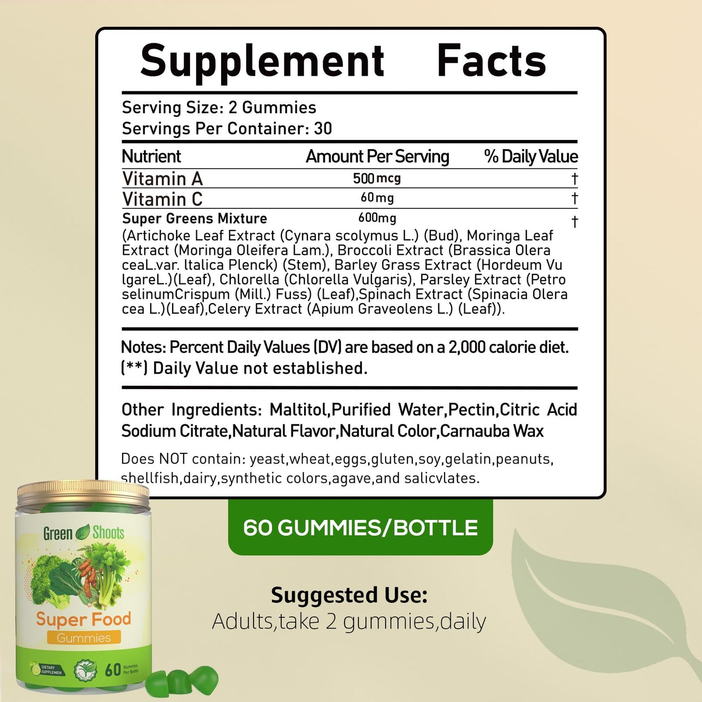 Greenshoots Super Food Gummies with Super Greens Blend, Vitamin A & C – Broccoli, Spinach, Moringa & Chlorella – Vegan, Sugar Free, Daily Nutrition Support, 60 Gummies Greenshoots