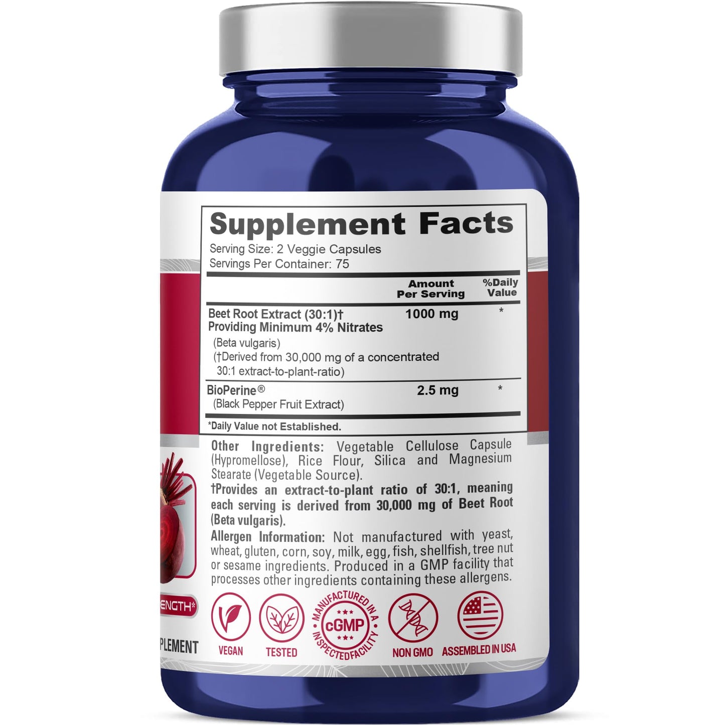 NusaPure Beet Root 30:1 Extract, 1000 mg Equivalent to 30,000 mg 150 Veggie caps (Vegan, Non-GMO & Vegan 4% Nitrates) Bioperine NusaPure