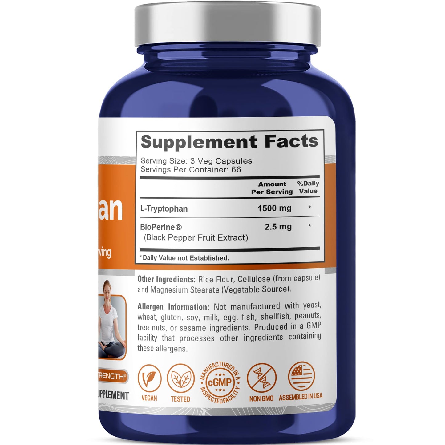 NusaPure L-Tryptophan - Suitable for Vegetarian/Vegan, Non - GMO - 1500mg 200 Capsules NusaPure