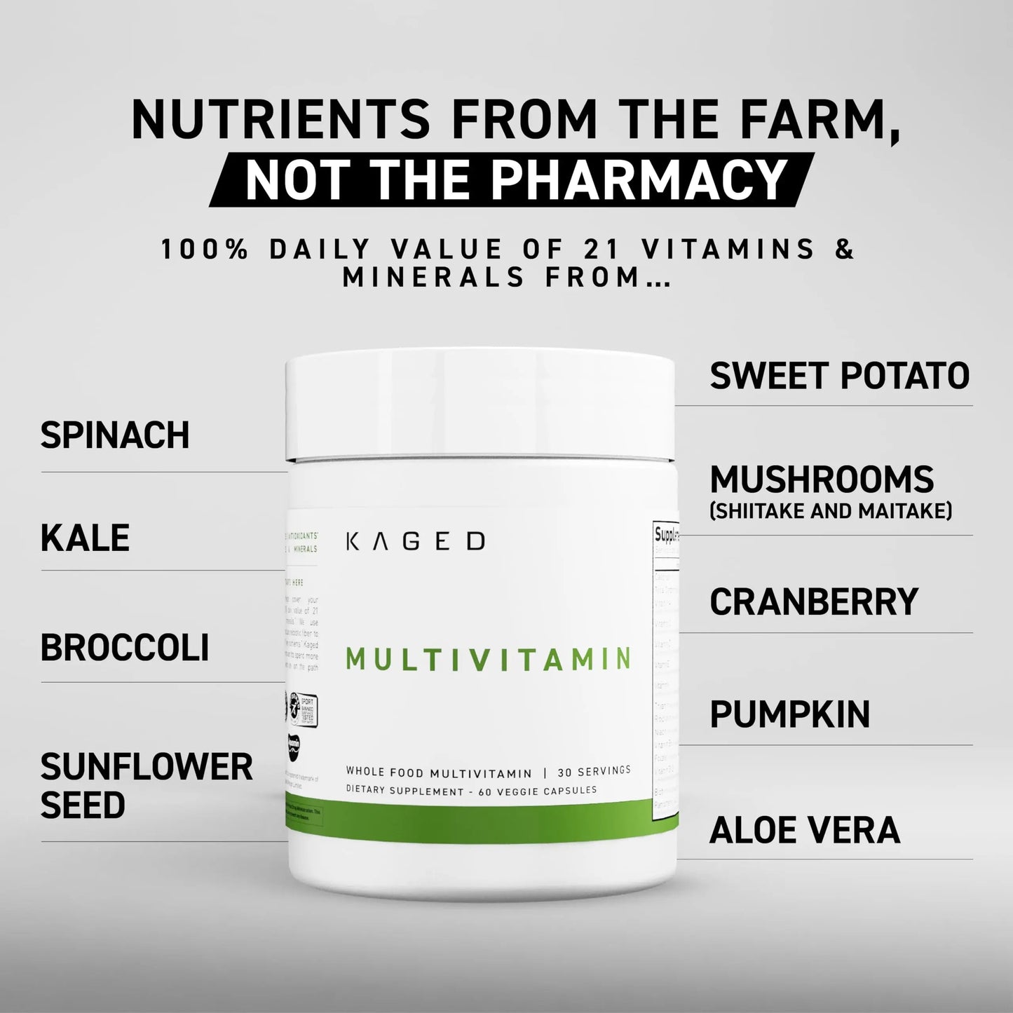 Kaged Multivitamin Capsules | Unflavored | Whole Foods Organic Fruits & Veggies | Plant Based Vegan Multivitamin Kaged