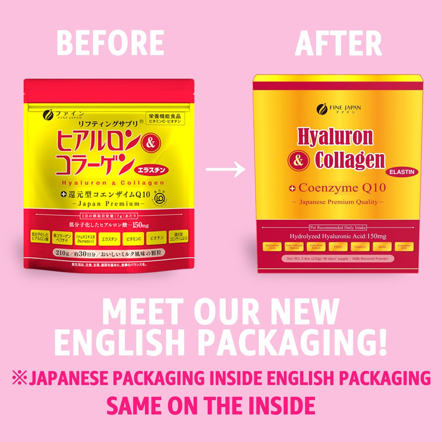 FINE JAPAN Premium Marine Collagen Powder with Hyaluronic Acid, CoQ10 & Elastin - Non-GMO - 30 Servings (210g / 7.4oz) Made in Japan FINE JAPAN