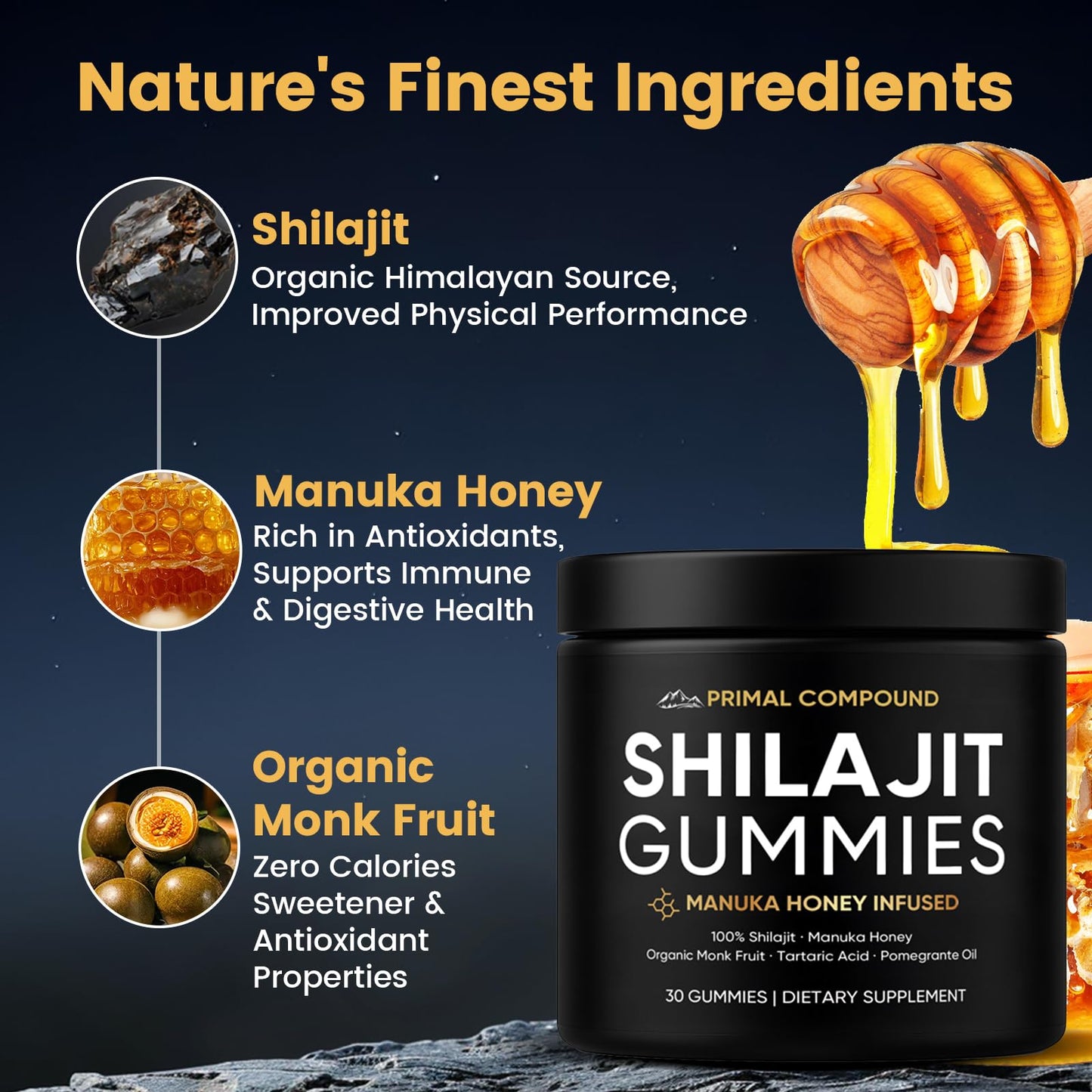 TOGOLIUN Primal Compound Shilajit Gummies for Men,with Manuka Honey, Organic Monk Fruit & Fulvic Acid, Shilajit Gummies Energy Supplements, 30 Gummies TOGOLIUN