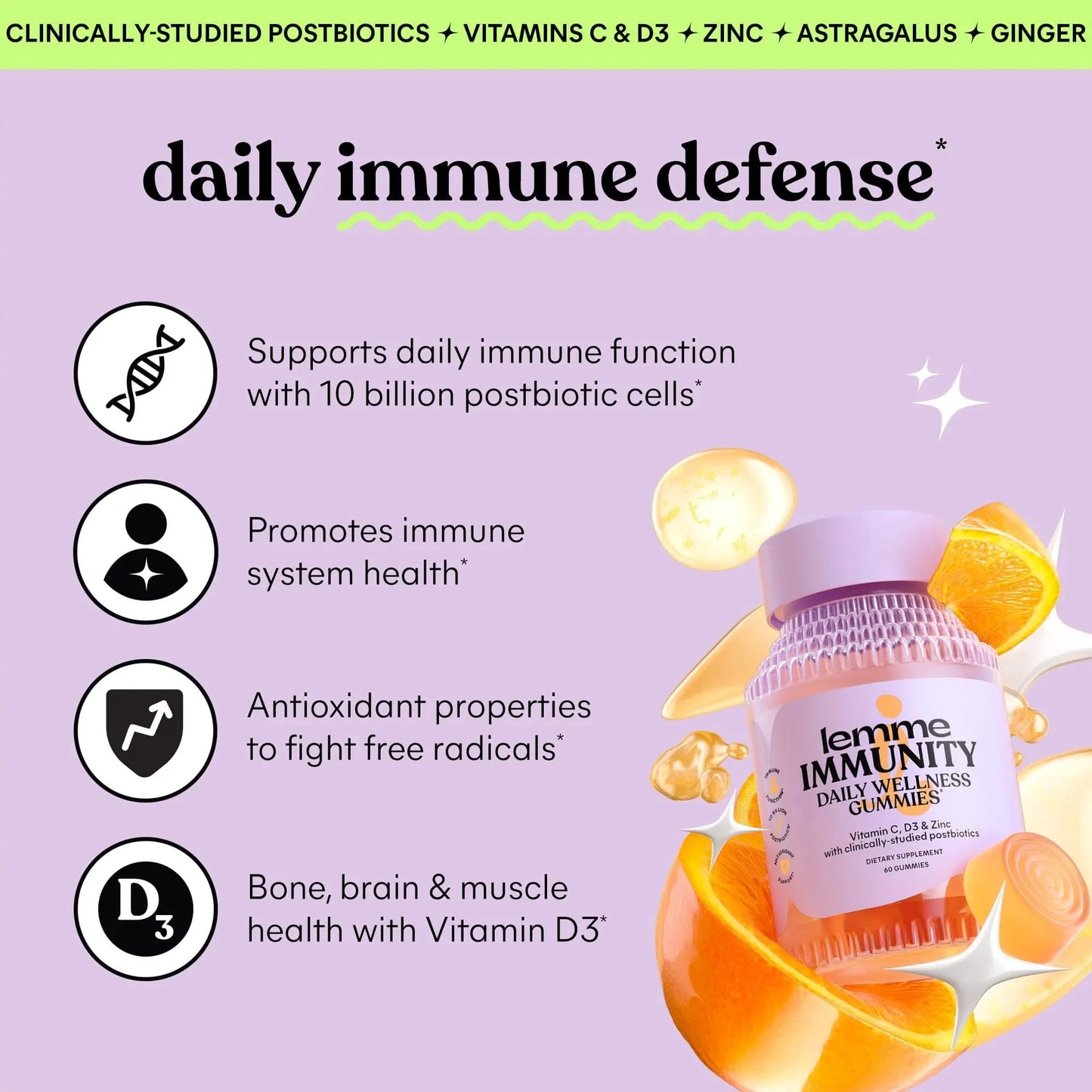 Lemme Immunity Postbiotic Gummies with Vitamin C, Vitamin D (2000 IU), Zinc, 10 Billion Postbiotic Cells, Astragalus for Immune Support - Vegetarian, Gluten Free, Sweet Orange (60 Count) Lemme