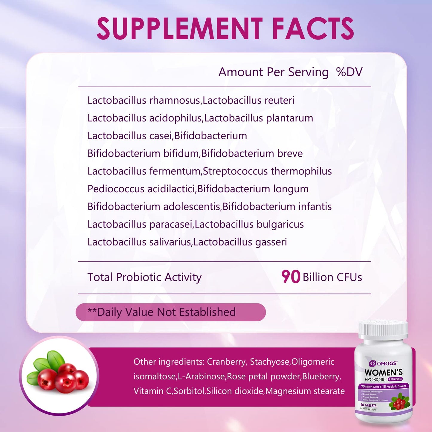 OMOGS Women's Probiotic, with Cranberry Extract, Organic Prebiotics & Vitamin C, 90 Billion CFUs,18 Strains, Help for Boost Immune, Digestive, Gut Health & Women's Health OMOGS