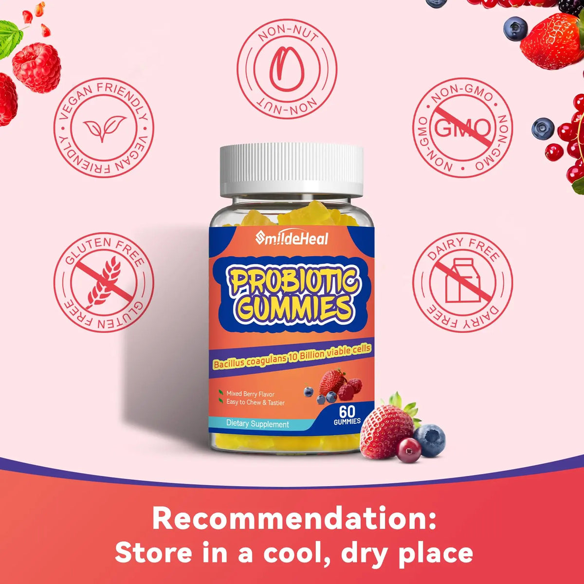 SmildeHeal Probiotic Gummies for Digestive Health - 10 Billion CFU Bacillus Coagulans - Vegan & Non-GMO - Immune & Digestive Support for Men & Women SmildeHeal
