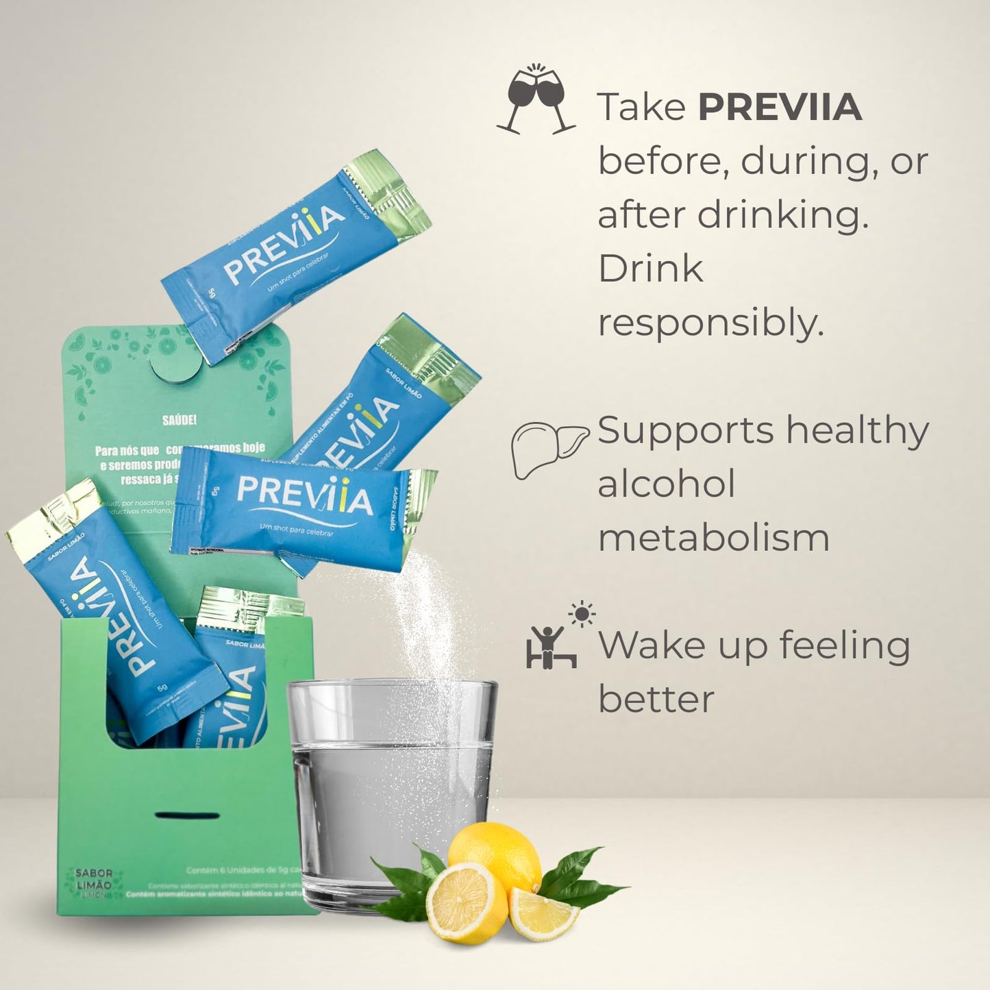 Previia – Pre-Drink Supplement | Nutrients Before Social Drinking | Cysteine, Choline, B-Complex, Magnesium, VIT C | Lemon Flavor | Soluble Drink | 6 Doses | Feel Better After Drinking Previia