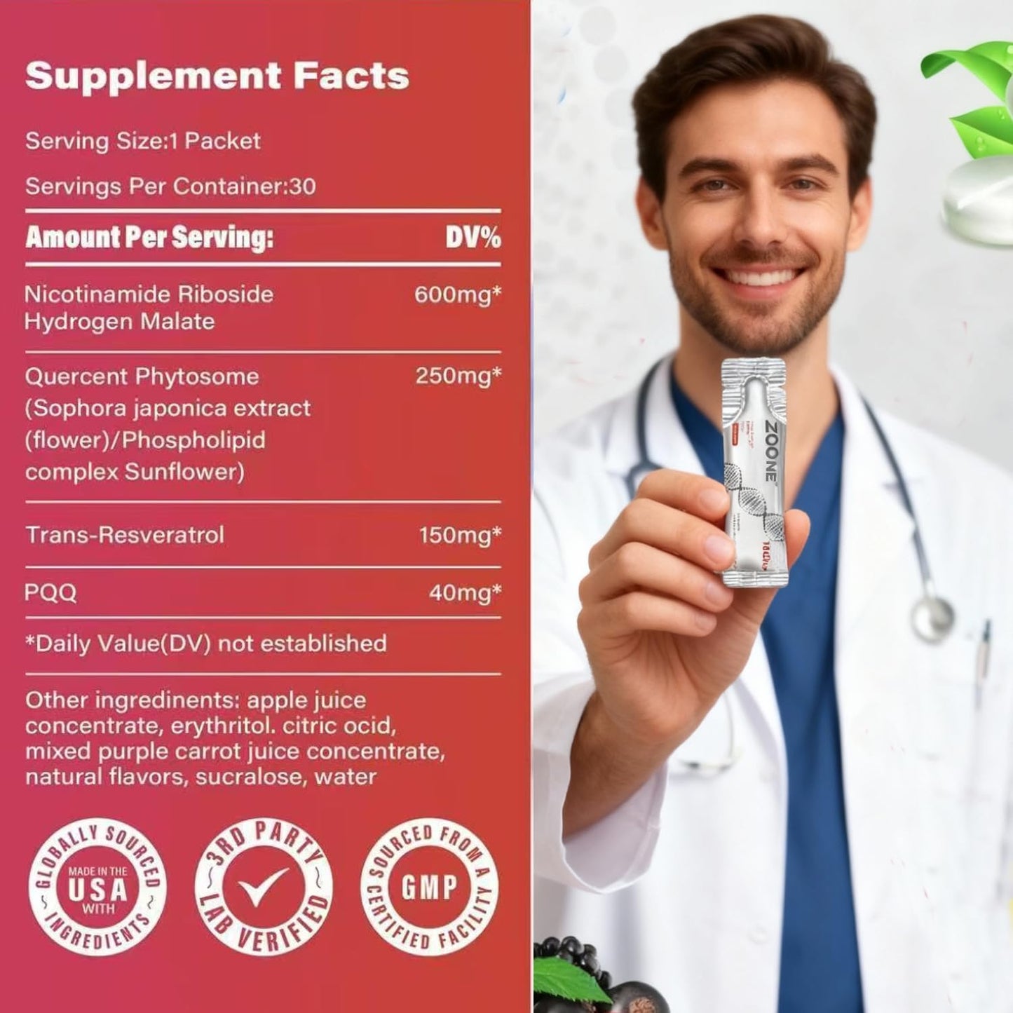 Zoone NAD Resveratrol Supplement, NAD+ Liquid Supplement 1000mg, with Nicotinamide Riboside, Resveratrol & PQQ, NAD Supplements for Men & Women, Healthy Aging & Boosts Cellular Energy – 30 Packs Zoone