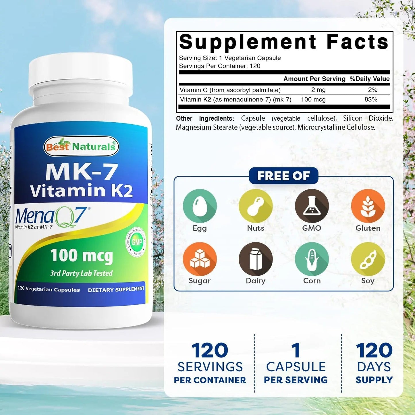 Best Naturals MK-7 Vitamin K2 100 mcg 120 Vcaps Best Naturals