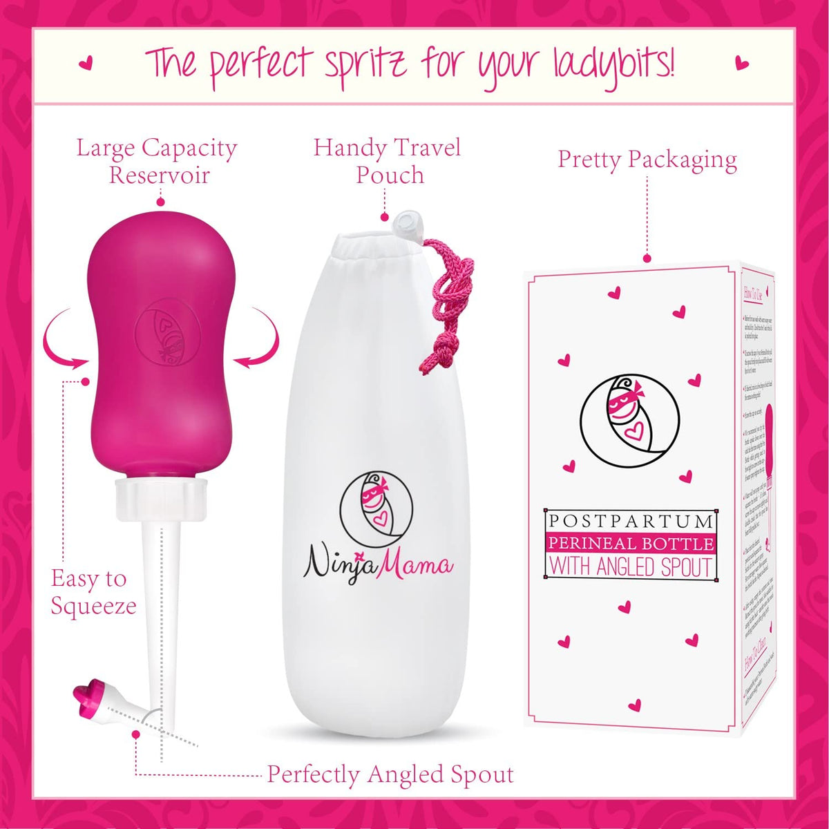 Ninja Mama Peri Bottle for Postpartum Care Post Partum Essentials for Pain Relief, Tears & Hemorrhoids After Birth Portable Perineal Bottle with Angled Spout Labor & Delivery Hospital Bag. (355ml) Ninja Mama