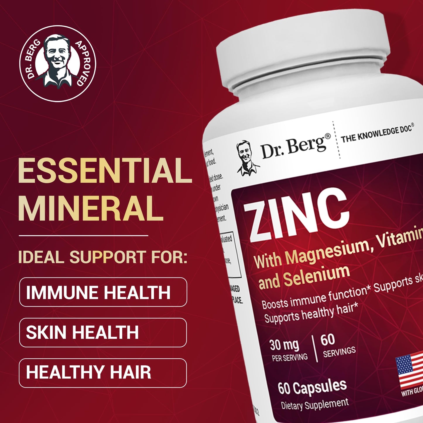 Dr. Berg Zinc 30mg Enhanced with Magnesium, Vitamin D3, Selenium, & Copper - Zinc Supplements for Men & Women - Chelated Zinc for Immune, Skin Dr. Berg Nutritionals