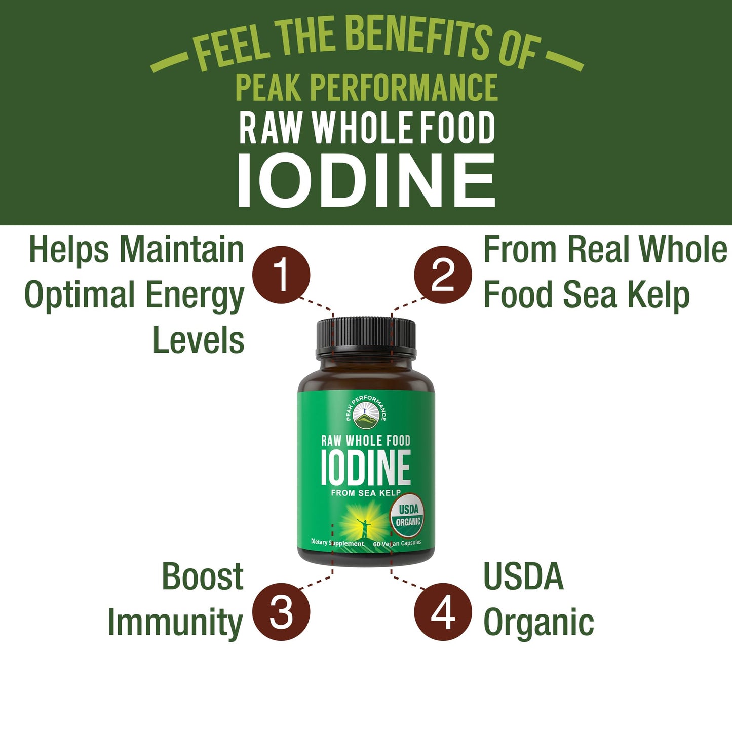 USDA Organic Raw Whole Food Iodine Supplement from Kelp (Ascophyllum Nodosum) - Potassium Iodide Tablets Alternative - for Thyroid, Energy, and Immune Support - 60 Vegan Capsules by Peak Performance Peak Performance