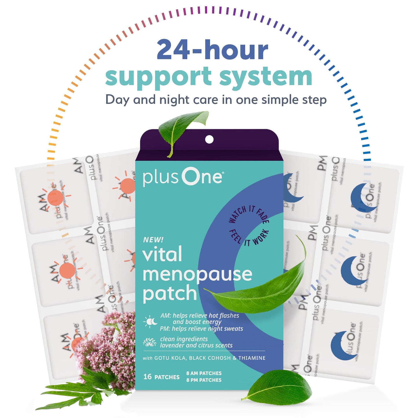 plusOne Vital Menopause Patches AM & PM – Hot Flash & Night Sweat Support – Promotes Energy & Sleep – Herbal Arjuna Daily Patches – 16ct plusOne