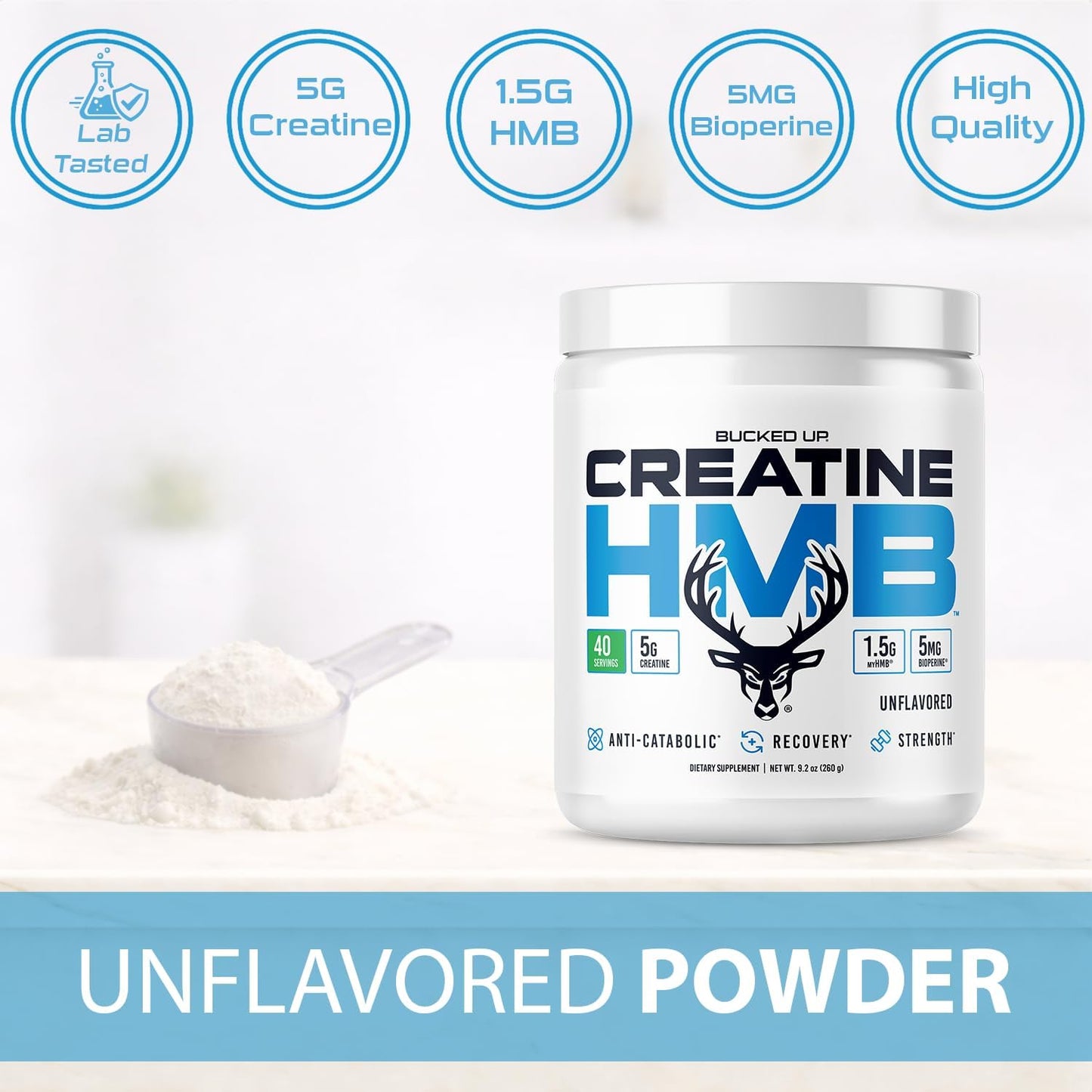 Bucked Up Creatine HMB 40 Servings Unflavored | 5g Creatine Monohydrate with 1.5g myHMB and 5mg BioPerine | Dietary Supplement Powder for Men and Women Gsupps Australia