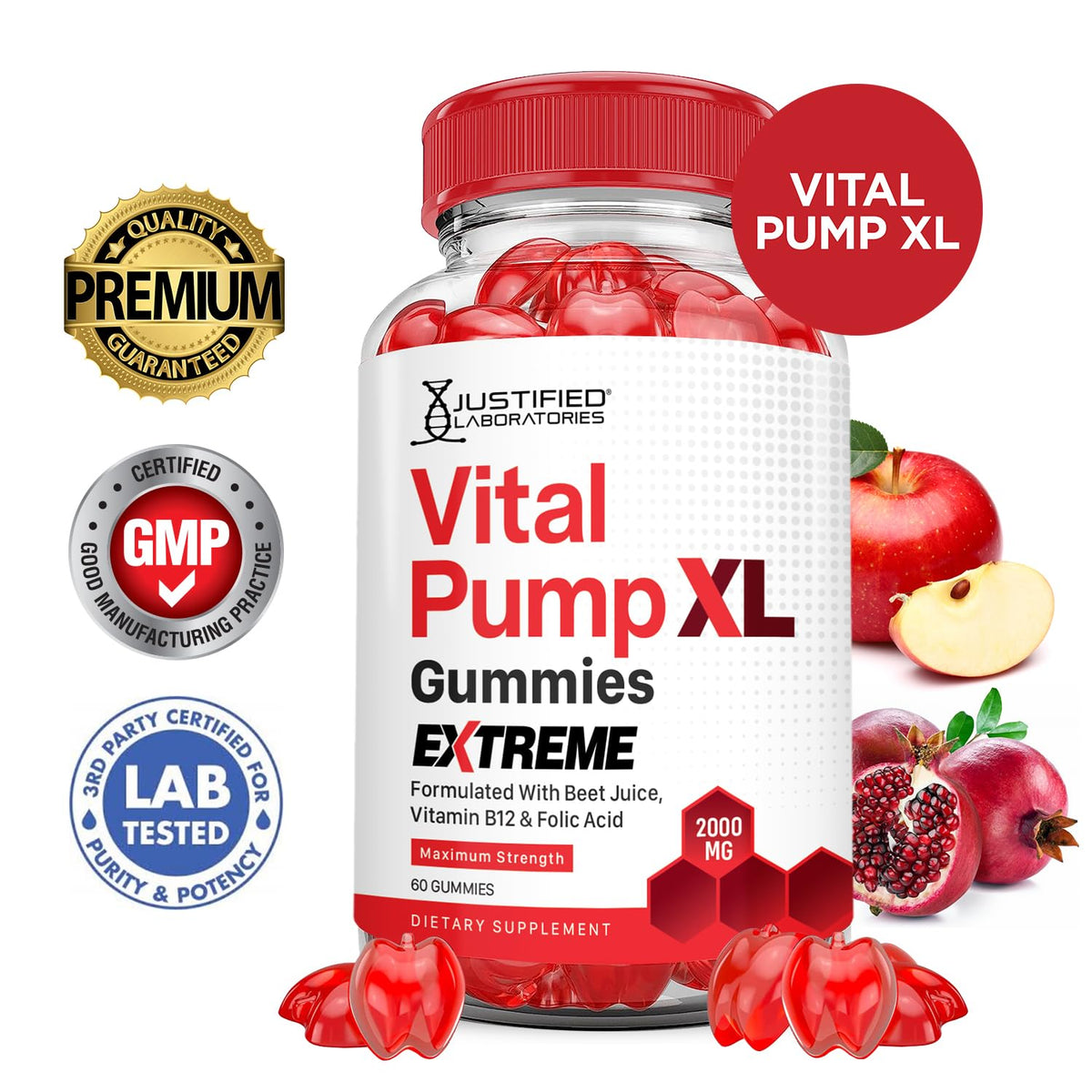 Justified Laboratories Vital Pump XL Extreme 2000MG Performance Gummies Vital PumpXL Advanced Formula Formulated with Beet Juice ACV Pomegranate Powder B12 Vegan Non GMO 60 Gummys Justified Laboratories