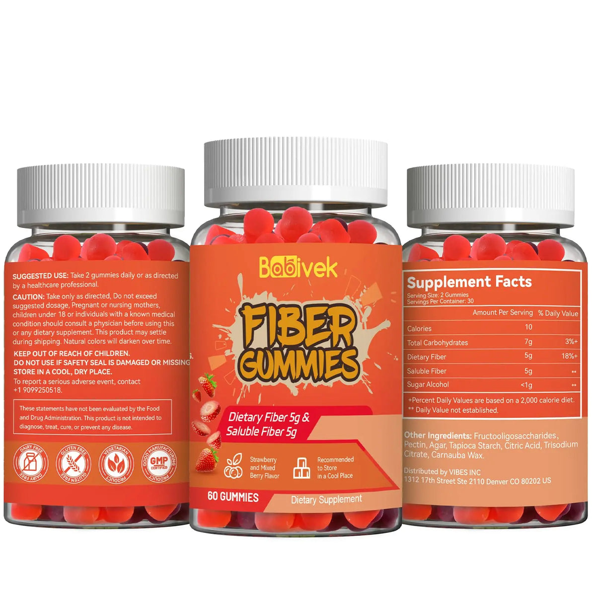 Babivek Fiber Gummies for Women and Men – Dietary Fiber, Gut Health Support, Vegan, Non-GMO, Non-Gluten, Mixed Berry & Strawberry Flavors, 60 Count(Pack of 2) Babivek