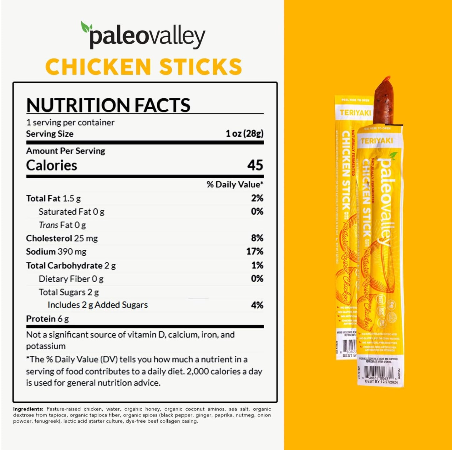 Paleovalley Pasture-Raised Chicken Sticks – 10 Pack – 7g Protein per Stick – Keto-Friendly, Paleo, Gluten-Free, Nitrate-Free – On-the-Go Snack (10 Pack, Teriyaki) Paleovalley