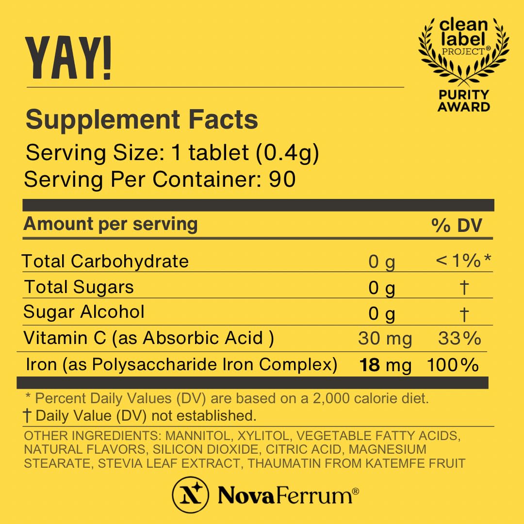 NovaFerrum Yay | Chewable Iron Supplement for Kids & Adults Ages 4 and Over | 18mg of Iron | 90 Servings | Sugar Free NovaFerrum
