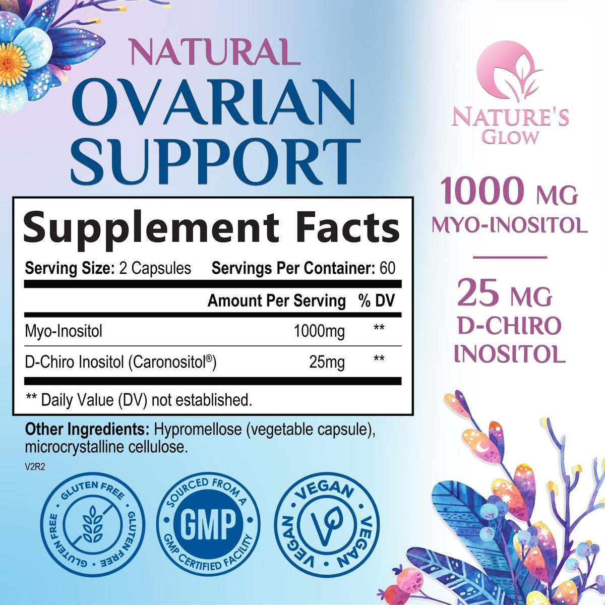 Myo-Inositol & D-Chiro Inositol 1025mg - 40:1 Ideal Ratio for Ovarian Support, Vegan Myo & D Chiro Supplement for Women's Natural Balance and Hormone Support, Vitamin B8, Non-GMO - 120 Capsules Nature's Glow