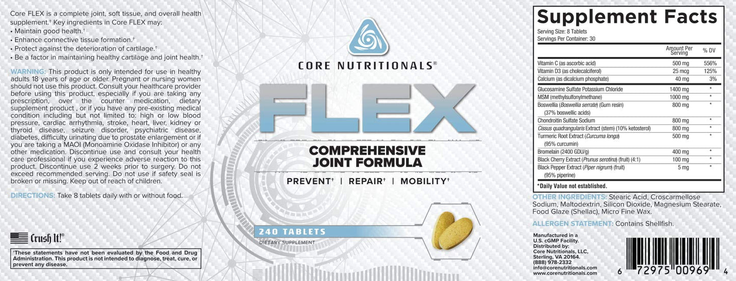 Core Nutritionals Flex Comprehensive Joint Formula | Promotes Healthy Tendons, Ligaments, & Cartilage | Improve Mobility | Antioxidants for Recovery | 240 Tablets Core Nutritionals