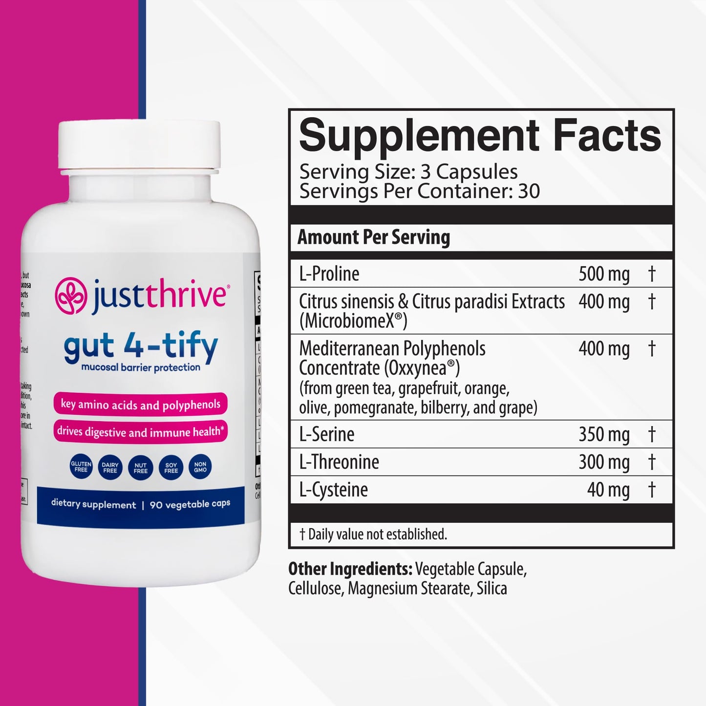 Just Thrive Gut 4-tify - Gut Health Supplements for Women and Men - Anti Bloat, 90 Vegetable Capsules Just Thrive