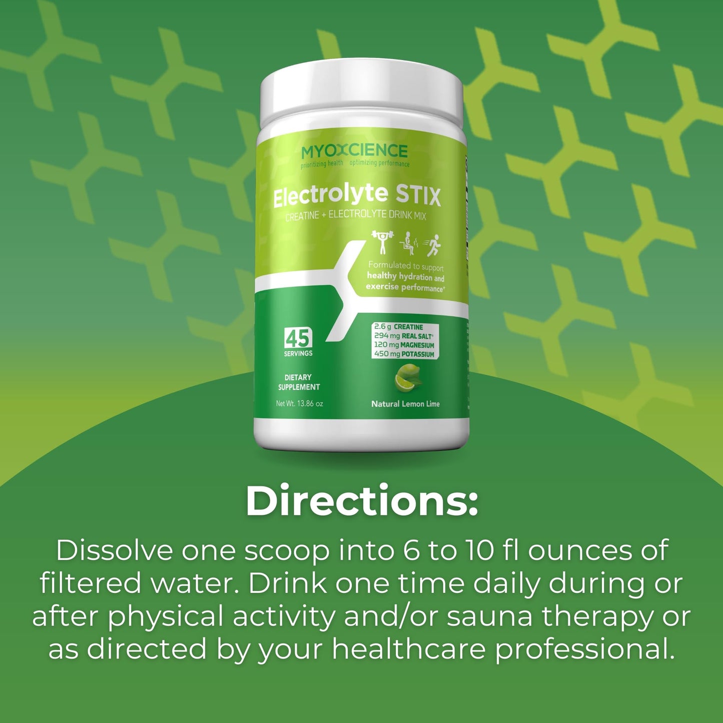 MYOXCIENCE Electrolyte STIX | Creatine Electrolyte Powder | Recovery from Exercise & Muscle Development w/Real Salt (Lemon Lime Flavor) (Jar 45 ct) MYOXCIENCE