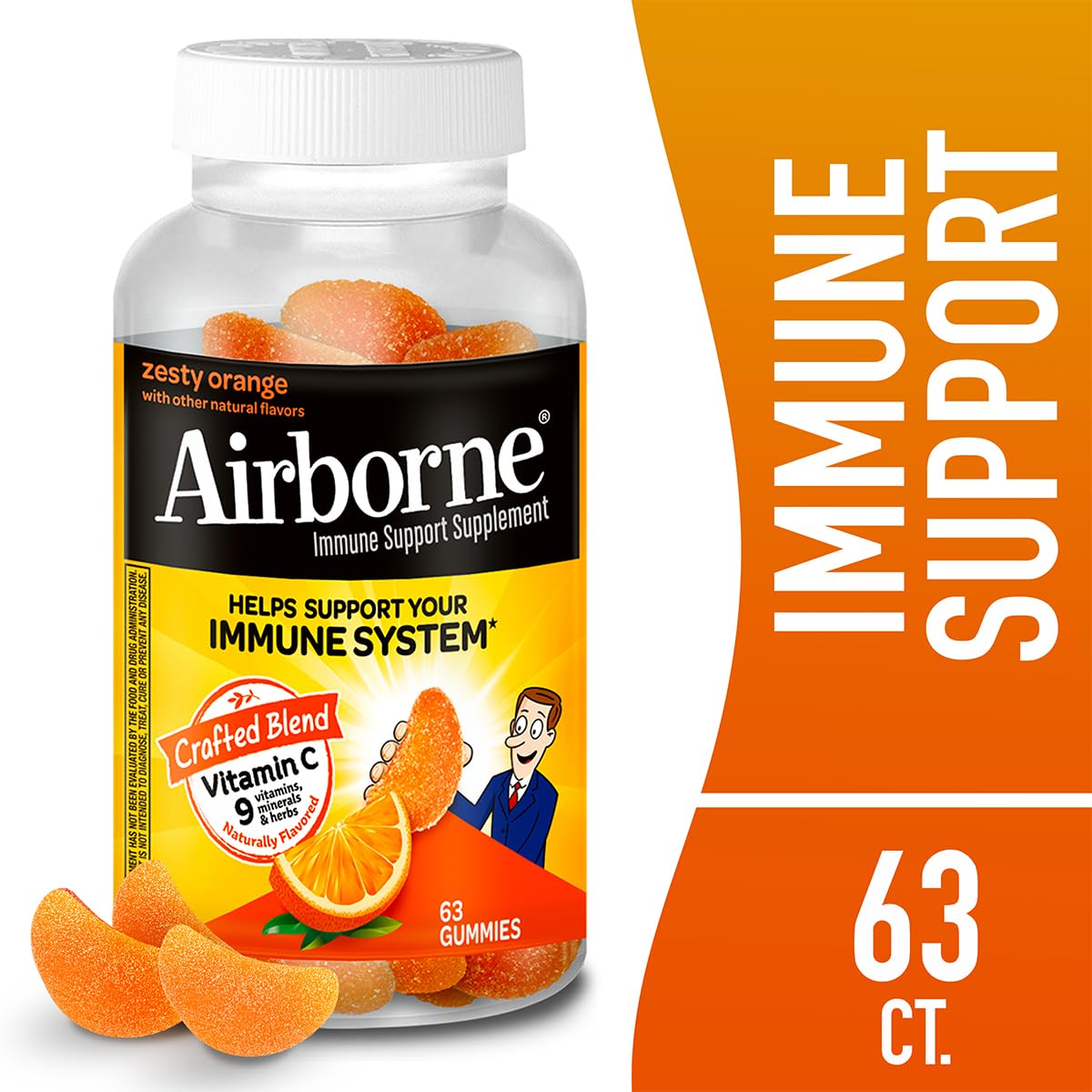 Airborne 750mg Vitamin C Immune Support Supplement Gummies for Adults, Zesty Orange Flavor, Gluten Free Crafted Blend with Powerful Antioxidants Vitamins A C & E, 63 Gummies (3 Pack) Airborne