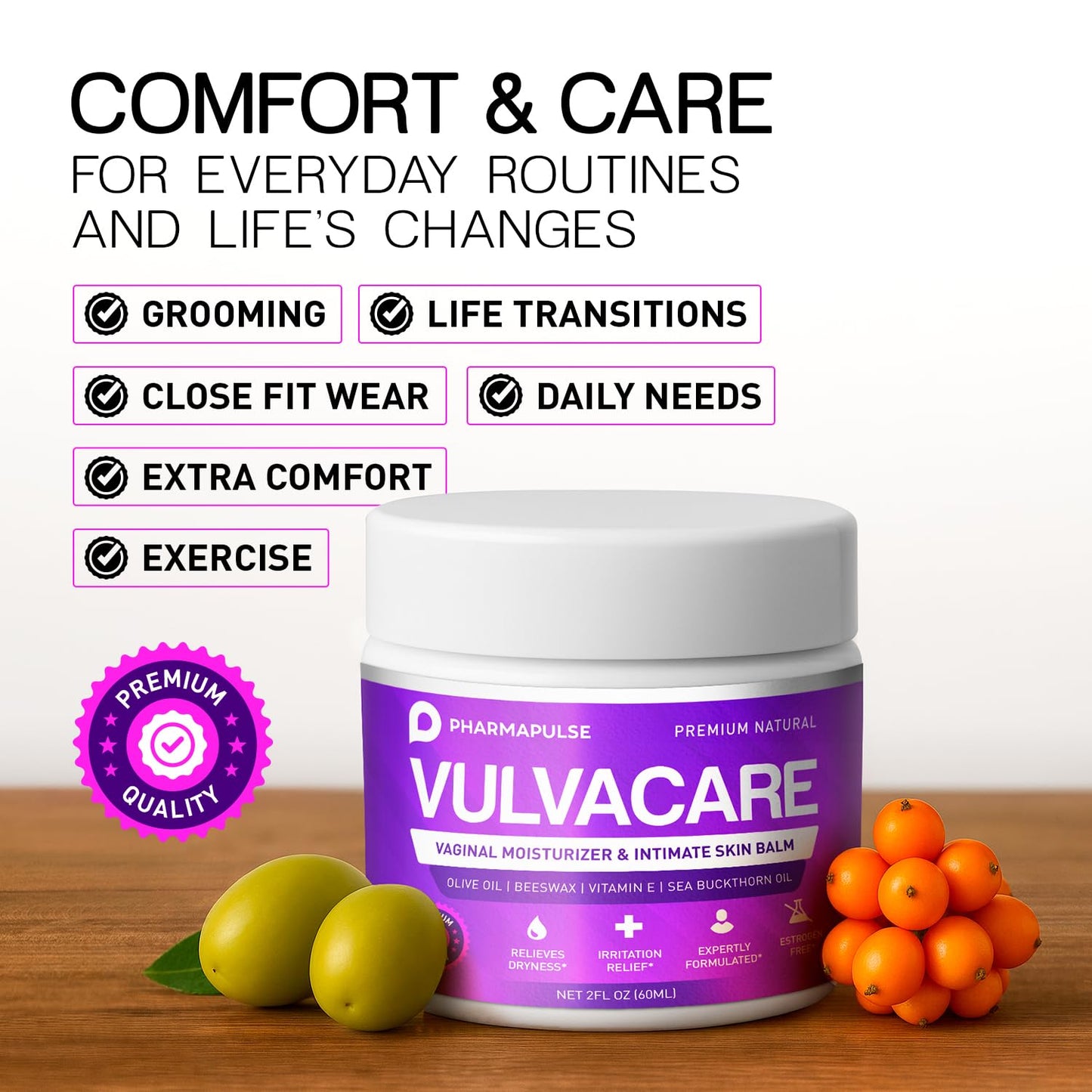 Pharmapulse Vaginal Moisturizer, Vulva Balm Cream, Intimate Skin Care, Menopause Support - Relieves Dryness, Itching, Burning, Redness, Chafing, Odor, Irritation - Estrogen Free 2oz Pharmapulse