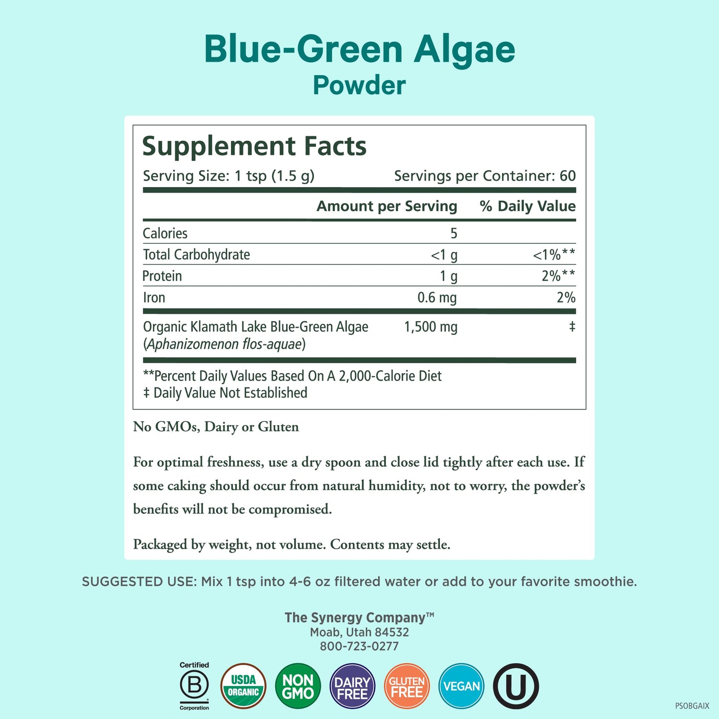PURE SYNERGY Blue-Green Algae Powder | Superfood Powder with Chlorophyll | Organic AFA Blue Green Algae Supplement | Supports Energy, Mental Clarity, and Detoxification (3.2 oz.) PURE SYNERGY