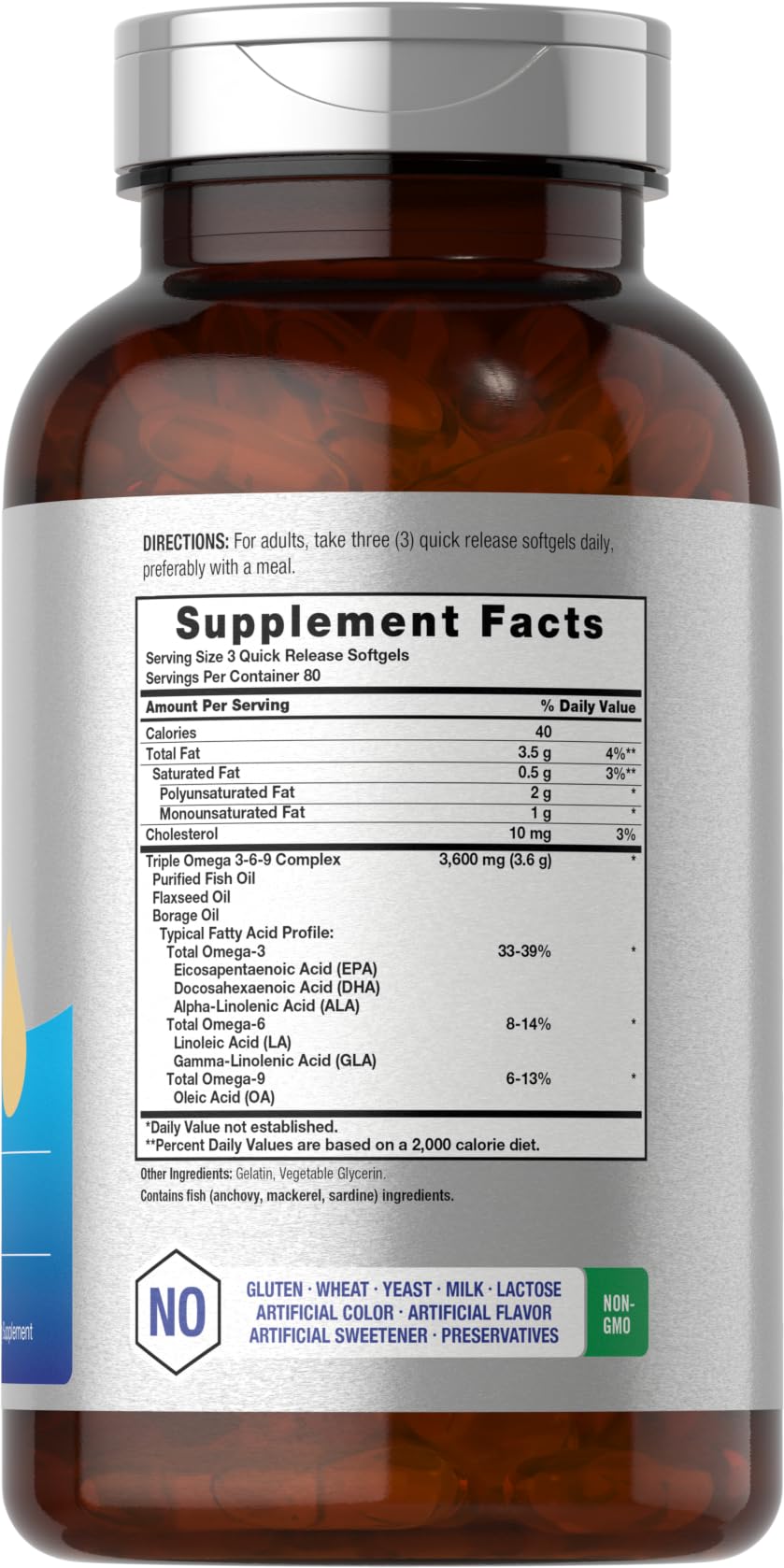 Triple Omega 3-6-9 240 Softgels | from Fish, Flaxseed, Borage Oils | Non-GMO & Gluten Horbäach