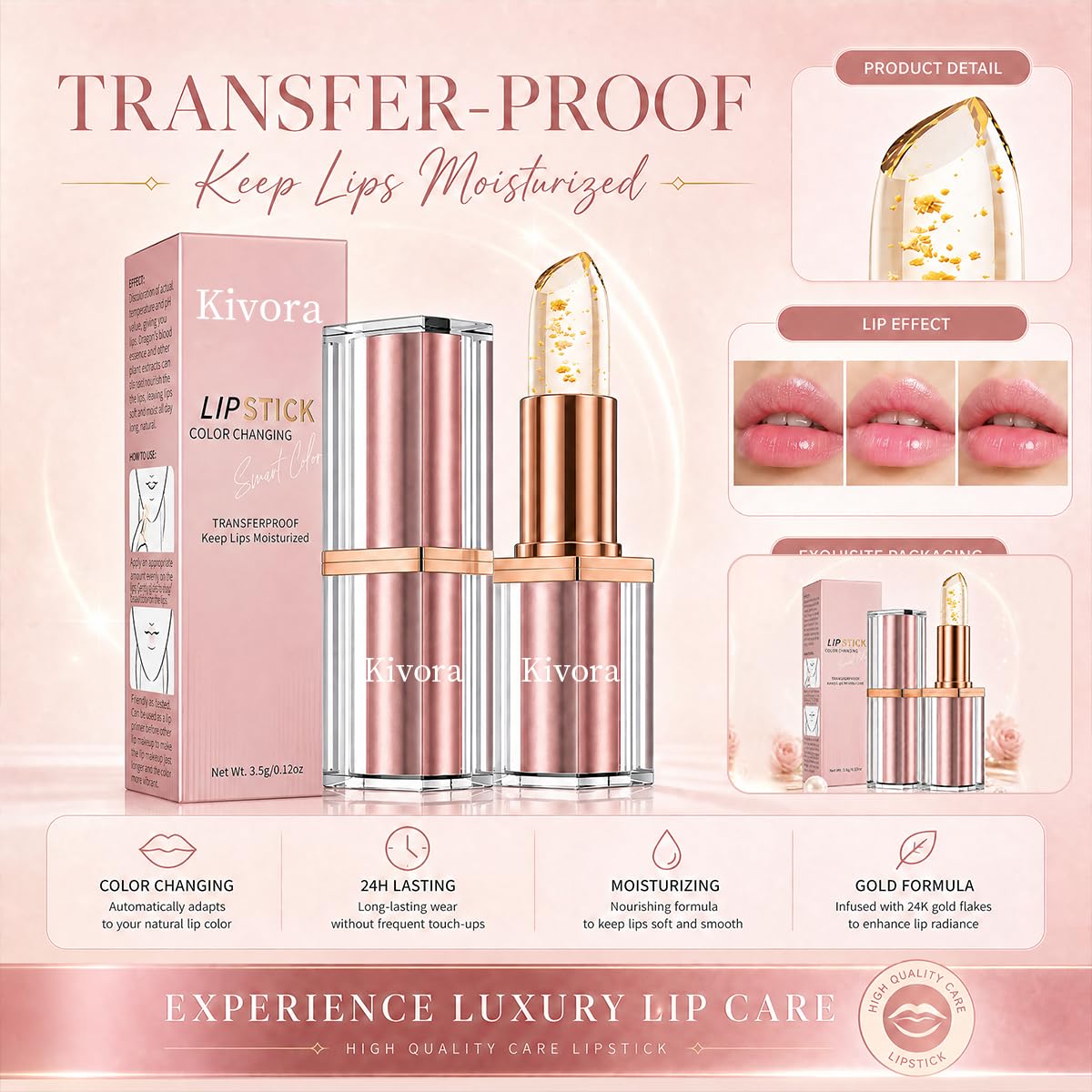Kivora Lipstick(2 Pack),Latest Rose Gold Kivora Lipstick for Mature Lips,PH Lipsticks Color Changing, Long Lasting Moisturizing Tinted Lip Balm Generic