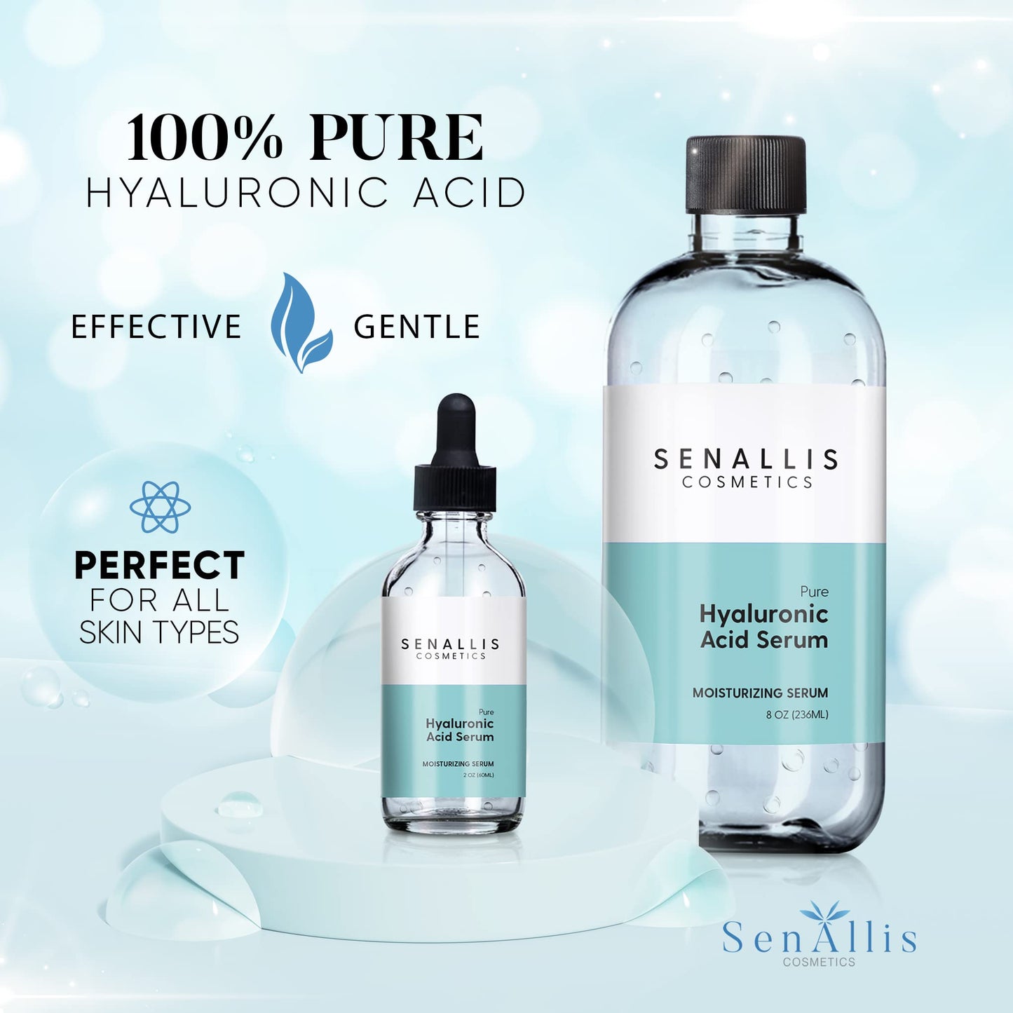 Hyaluronic Acid Serum 8 fl oz And 2 fl oz, Made From Pure Hyaluronic Acid, Anti Aging/Wrinkle, Ultra-Hydrating Moisturizer SenAllis Cosmetics