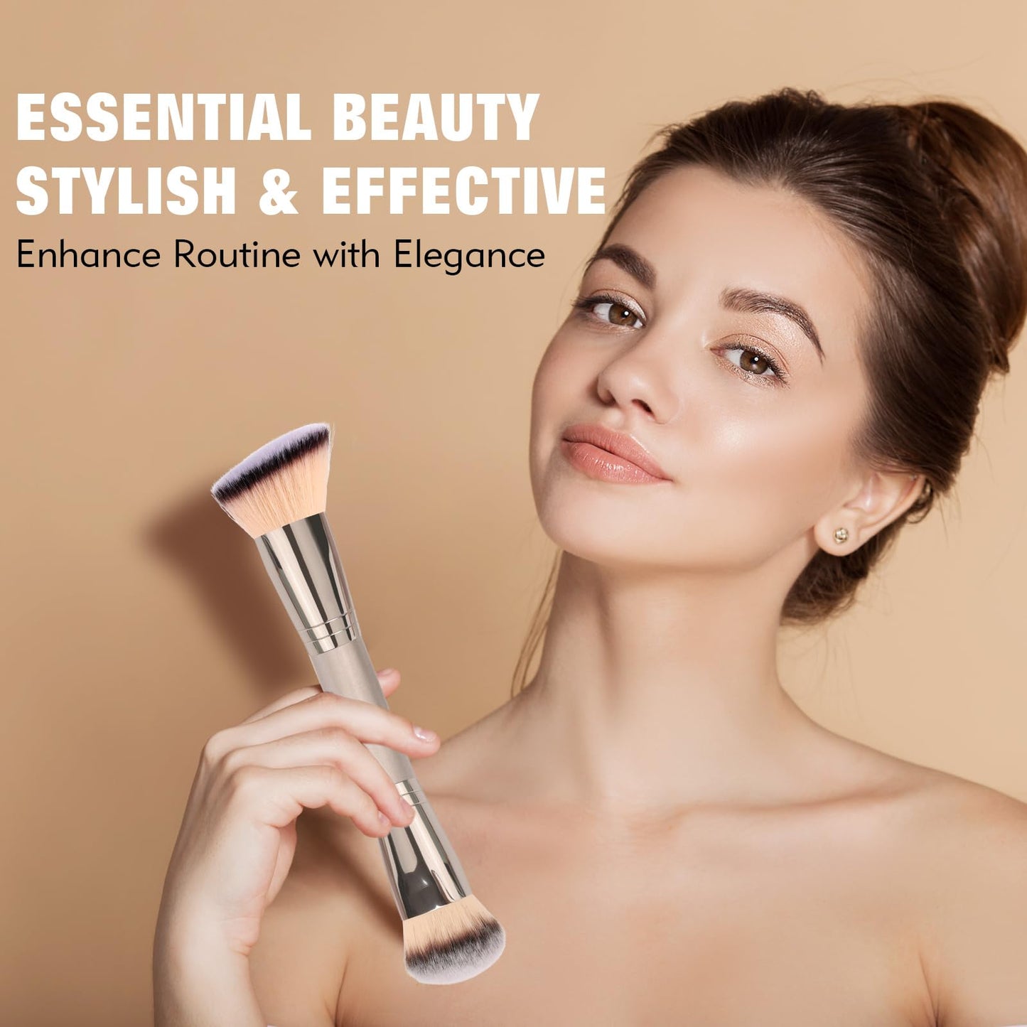 Dual-Ended Foundation Brush: Round & Angled Pro-Grade makeup brushes, 100% Vegan Synthetic Makeup Brush for Flawless Blending and Application of Liquid, Powder, Cream, Blush dpolla