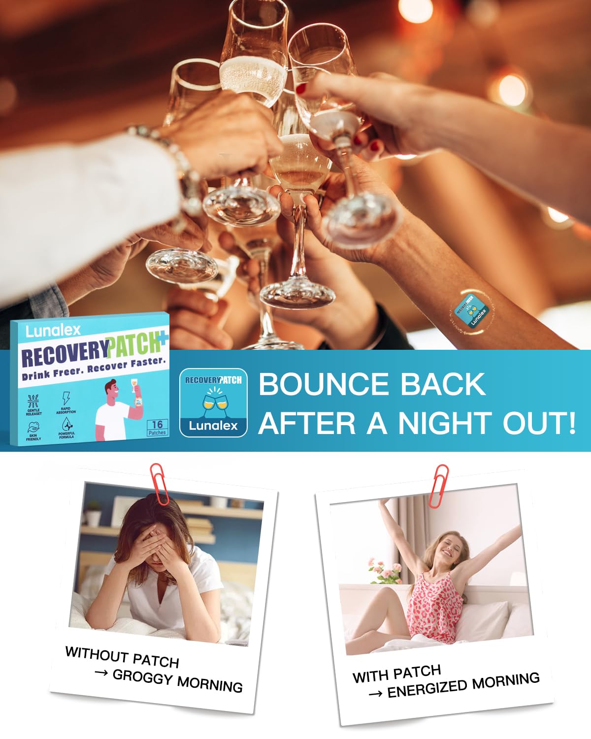 Lunalex Recovery Patch 48 Pack - Wake Up Refreshed & Balanced After Celebration - Plant-Based Formula for Morning Wellness - Bachelorette & Wedding Party Favors - 2 Patches per Sachet, Waterproof Lunalex