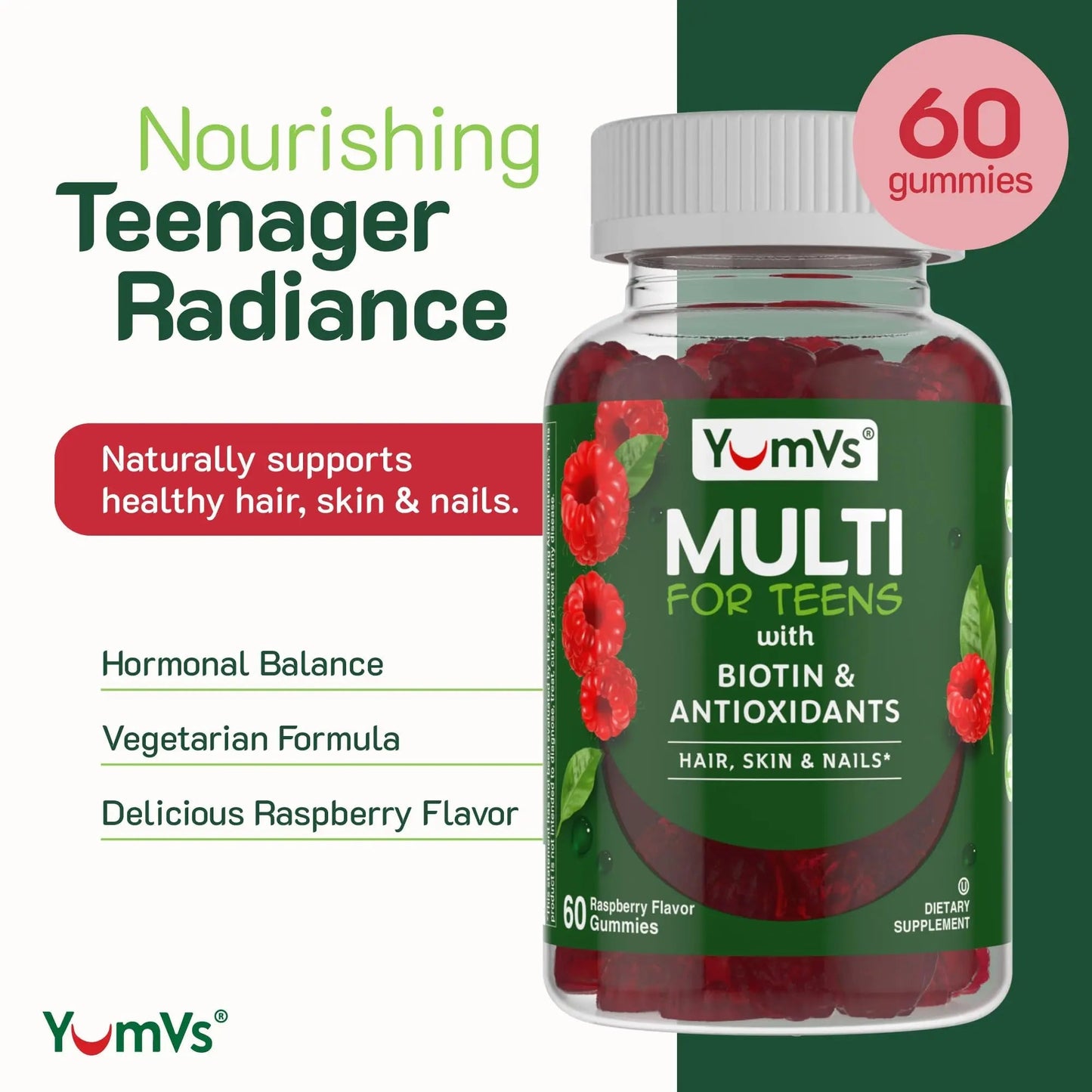 YumVs Teen Multivitamin Gummies with Biotin and Antioxidants - Raspberry Flavor - Hair Skin Nails Support - Kosher Teenager Vitamins YUM-V'S