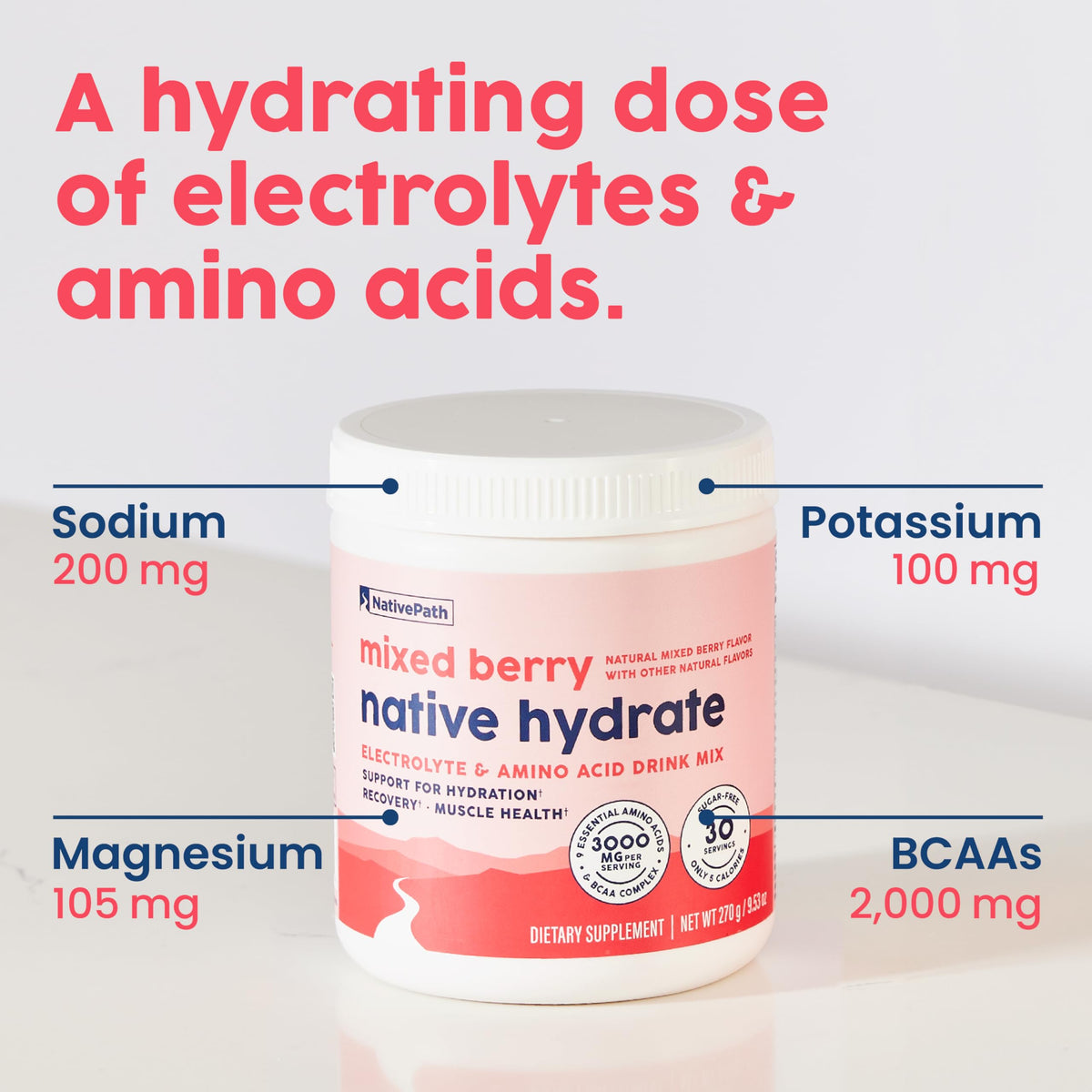 NativePath Hydrate, Zero Sugar, Electrolytes Powder with BCAAs, Mixed Berry Hydration, Keto & Paleo Friendly, 30 Servings NativePath
