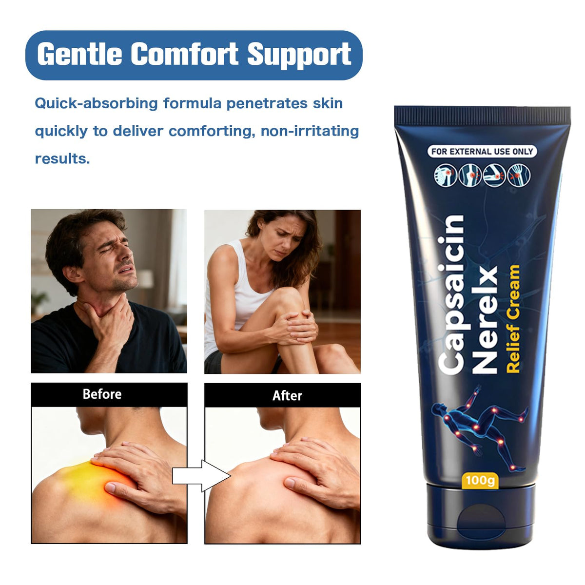 QYGCHUSIN Capsaicin Neuropathy Relief Cream with Arnica, Menthol, MSM & Glucosamine, Soothing Cream for Feet, Hands, Legs, Joints, Waist & Muscles, 100g,1pack QYGCHUSIN