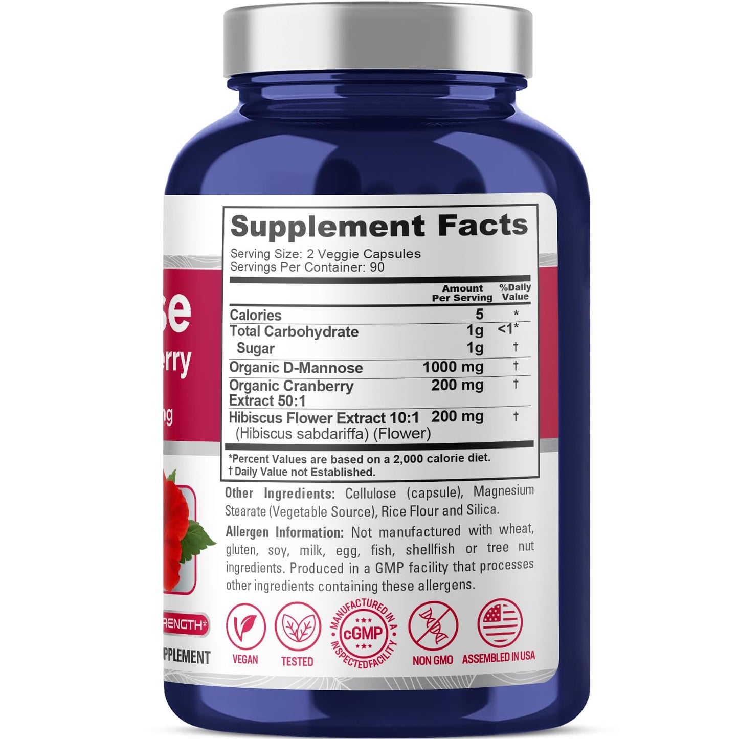 NusaPure D-Mannose Complex 1400 mg (with Hibiscus and Cranberry) - 180 Veggie Caps Non-GMO & Vegan NusaPure