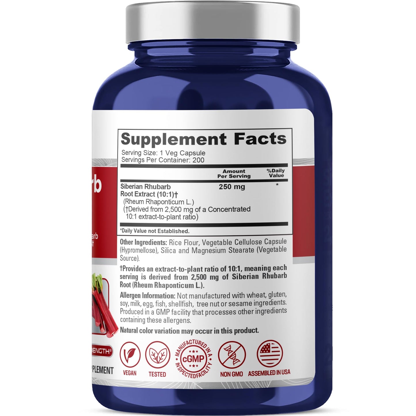 NusaPure Siberian Rhubarb 10:1 Extract, 250 mg Equivalent to 2,500mg - 200 Veggie Capsules (Vegetarian, Non-GMO, Vegan) NusaPure