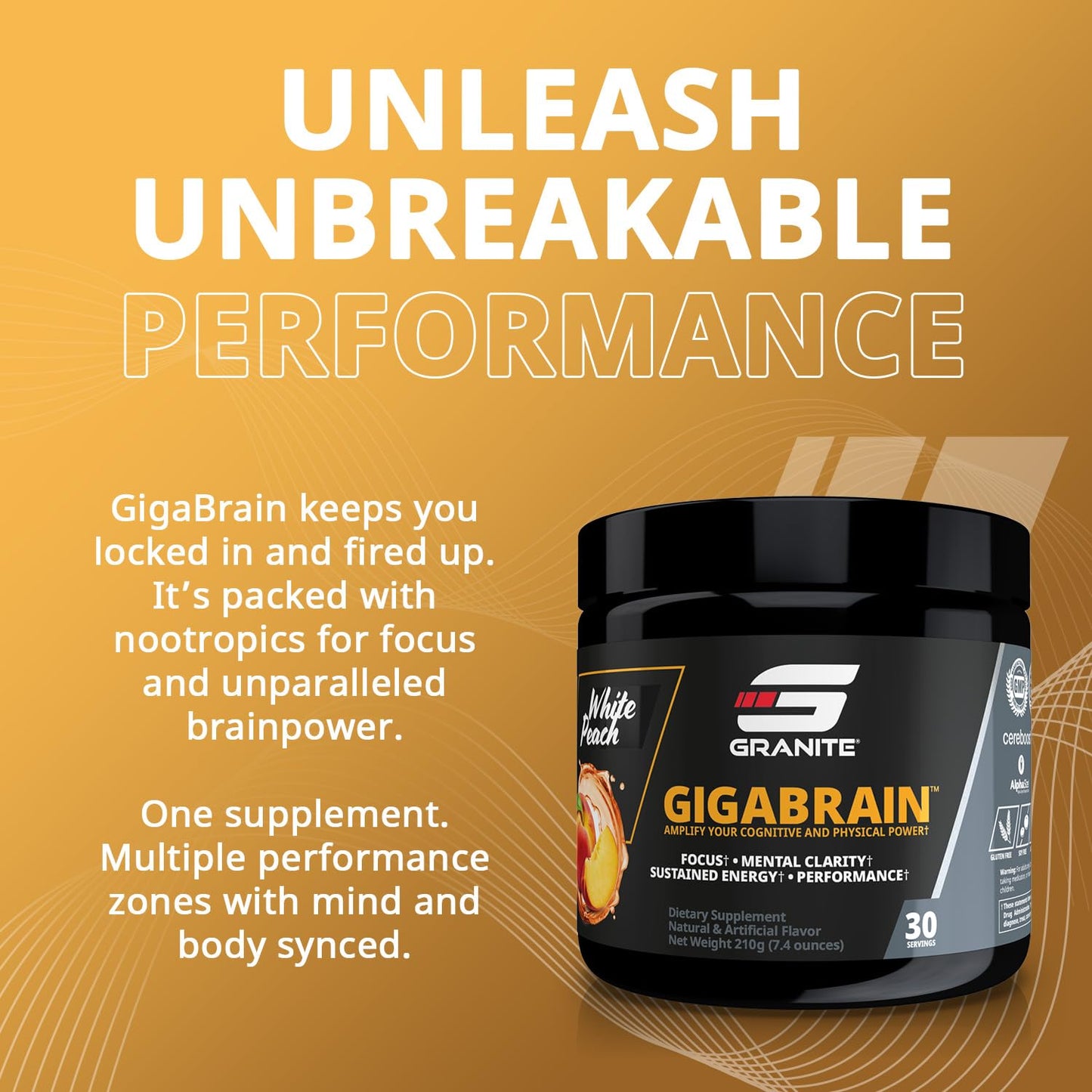 Granite Nutrition GigaBrain Nootropic Energy Powder – Cereboost, Alpha-GPC & ElevATP – Cognitive Focus Supplement for Sustained Energy & Performance – White Peach, 30 Servings Granite Supplements