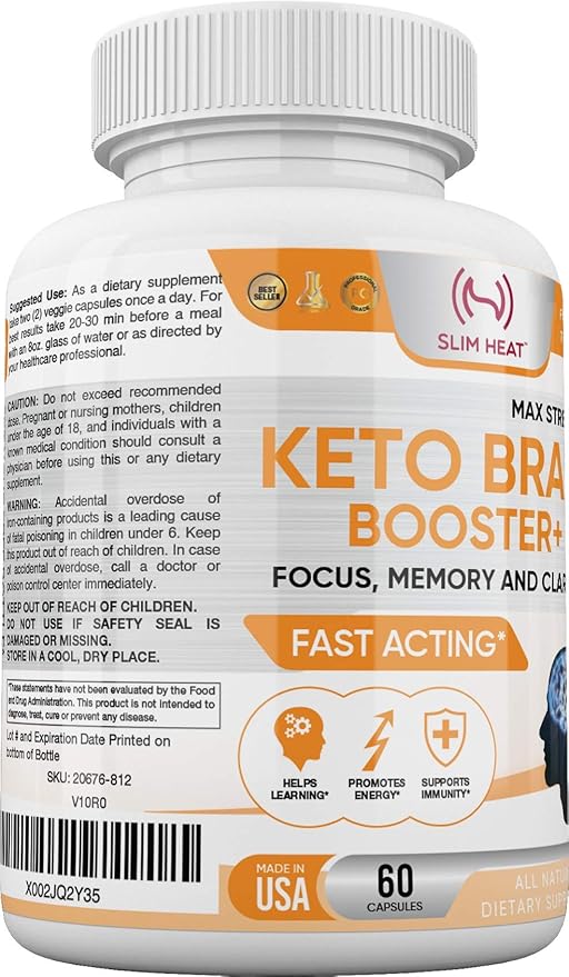 Keto Brain Booster - Brain Supplement - Focus, Concentration, Memory Neuro Supplement for Women & Men - Supports Learning, Energy, Immunity - All Natural, Non GMO, Made in USA - 60 Capsules Slim Heat