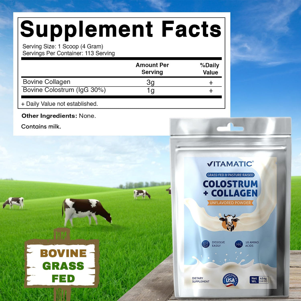 Vitamatic Bovine Colostrum + Collagen Powder - Supplement for Gut Health, Hair Growth, Beauty, Muscle Recovery, & Immune Support - Easy to Mix - Unflavored - 454 Gram, (16 oz) Vitamatic