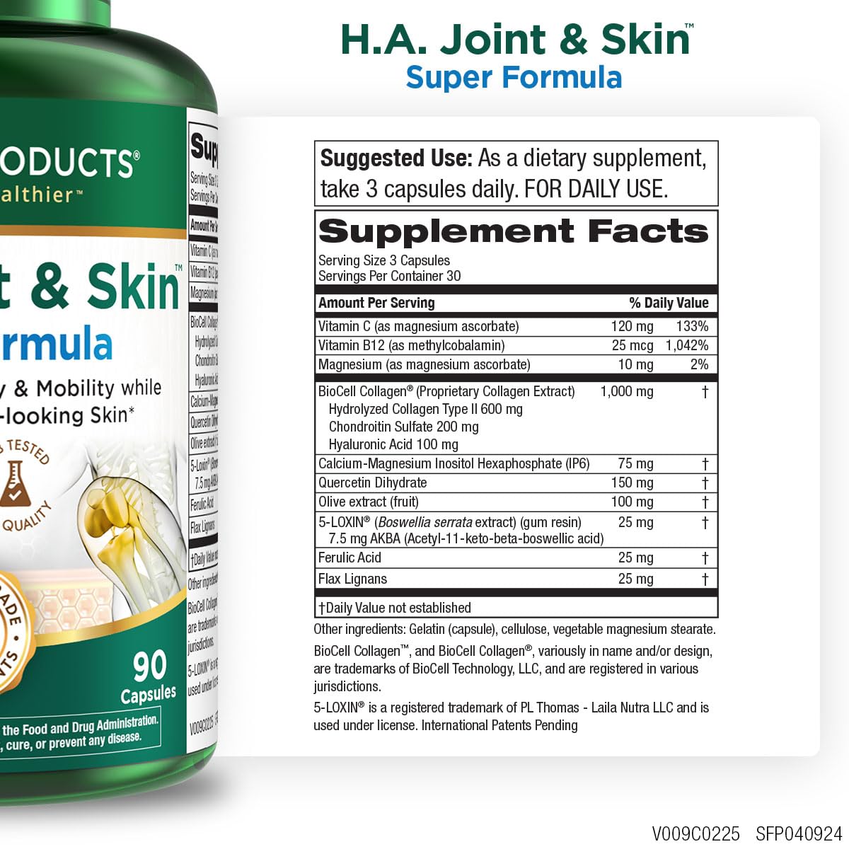 Purity Products H.A. Joint and Skin Super Formula Biocell Collagen w/Hyaluronic Acid Supports Healthy Joint Flexibility, Healthy Synovial Fluid, and Lubrication - 5-Loxin - 90 Capsules (1) Purity Products