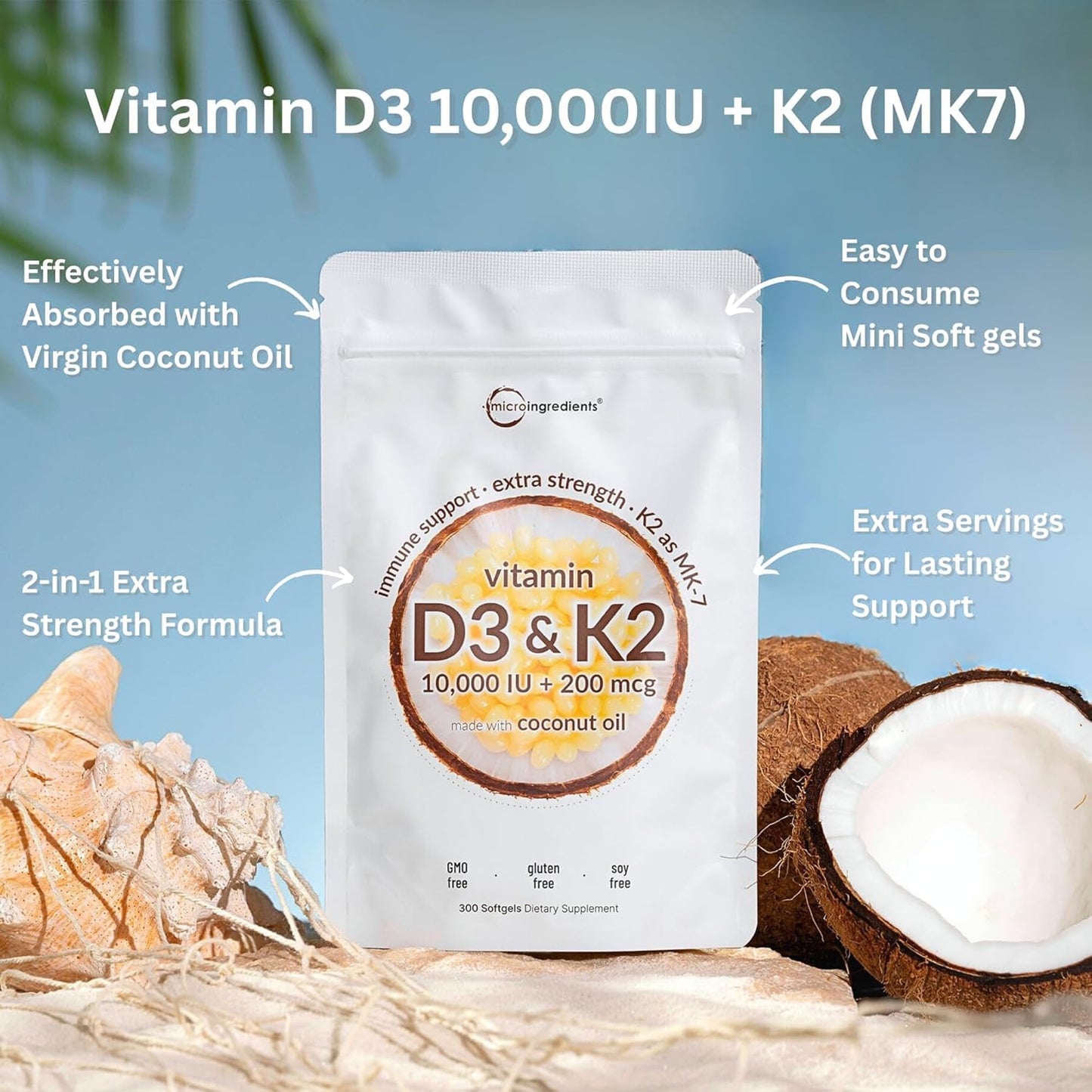 Micro Ingredients Vitamin D3 10,000 IU + K2 MK-7 200 mcg, 300 Softgels with Virgin Coconut Oil | 2-in-1 Vitamins D & K Complex Micro Ingredients