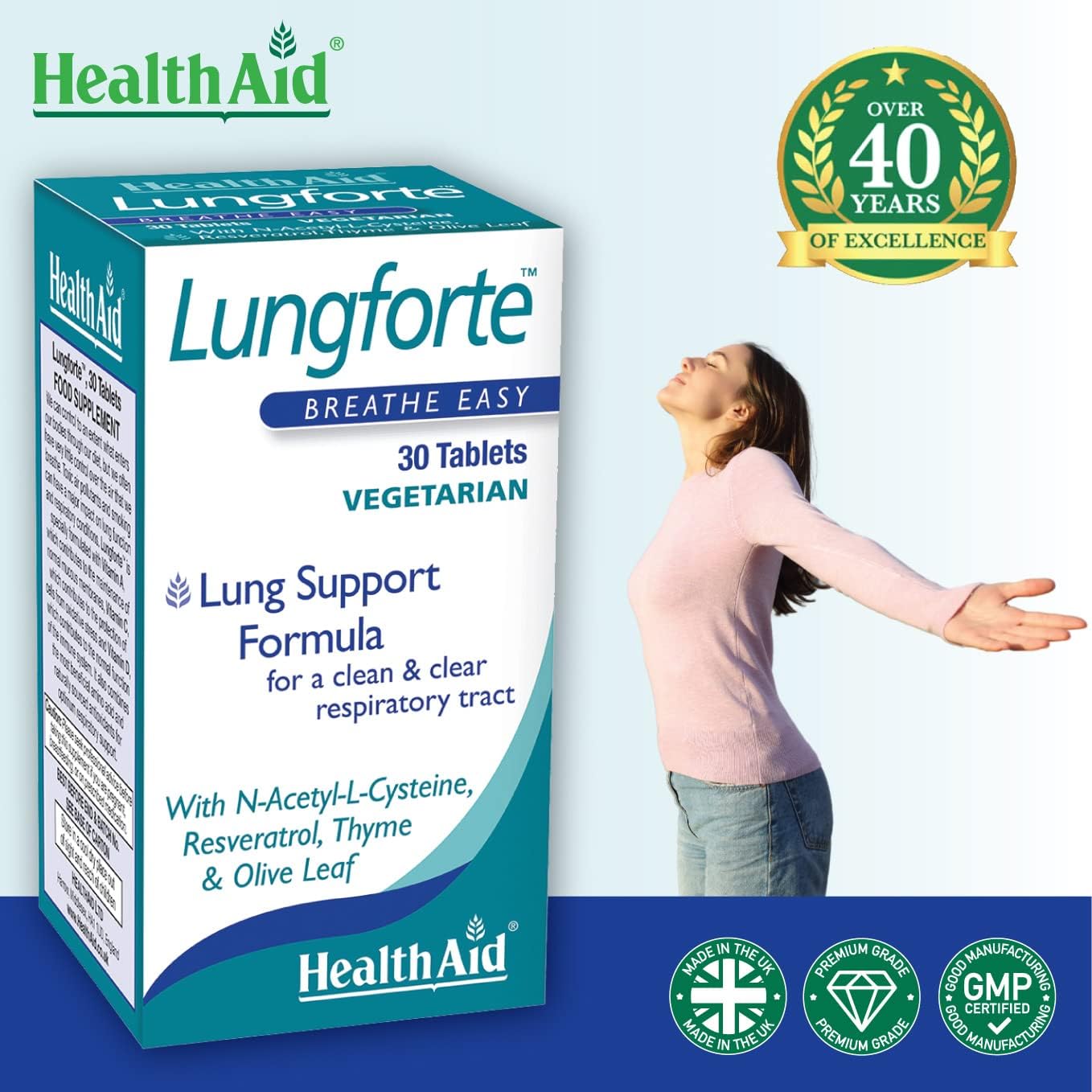HealthAid LungForte 30 Tablets – Daily Antioxidant Lung Support with NAC, Resveratrol, Olive Leaf, Thyme & Vitamins A, C & D3 – Vegetarian, Non‑GMO HealthAid
