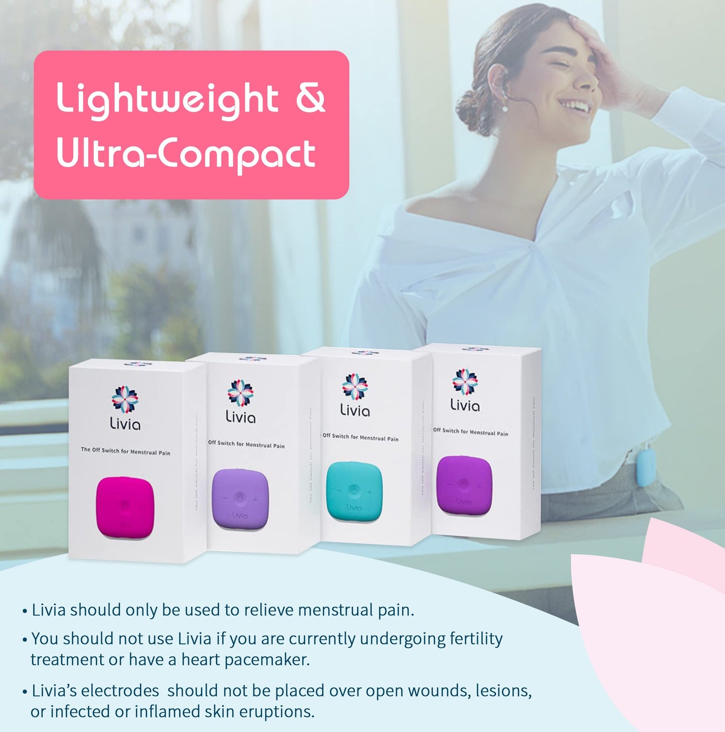 Livia Menstrual Pain Relief Device, Lavender - The Off Switch for Period Pain - Portable Unit with Stick-on Pads Livia